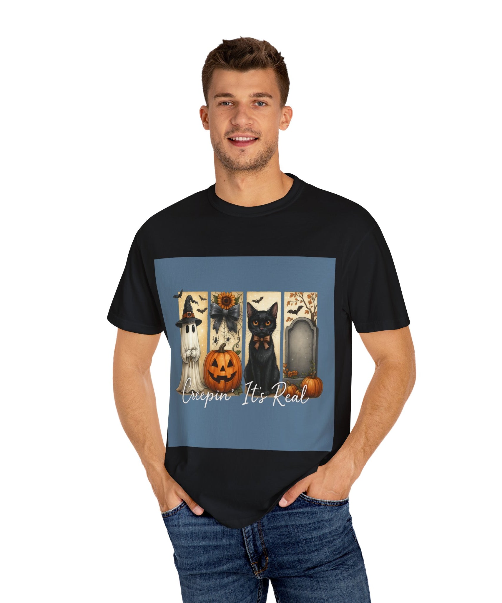 Creepin’ It’s Real Halloween T-Shirt – Cute Ghost, Pumpkin, Black Cat & Tombstone Design - Gallory Hive