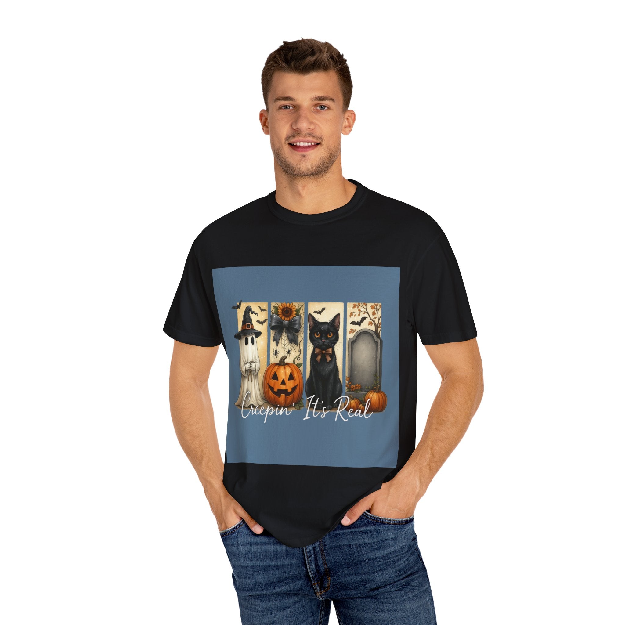 Creepin’ It’s Real Halloween T-Shirt – Cute Ghost, Pumpkin, Black Cat & Tombstone Design