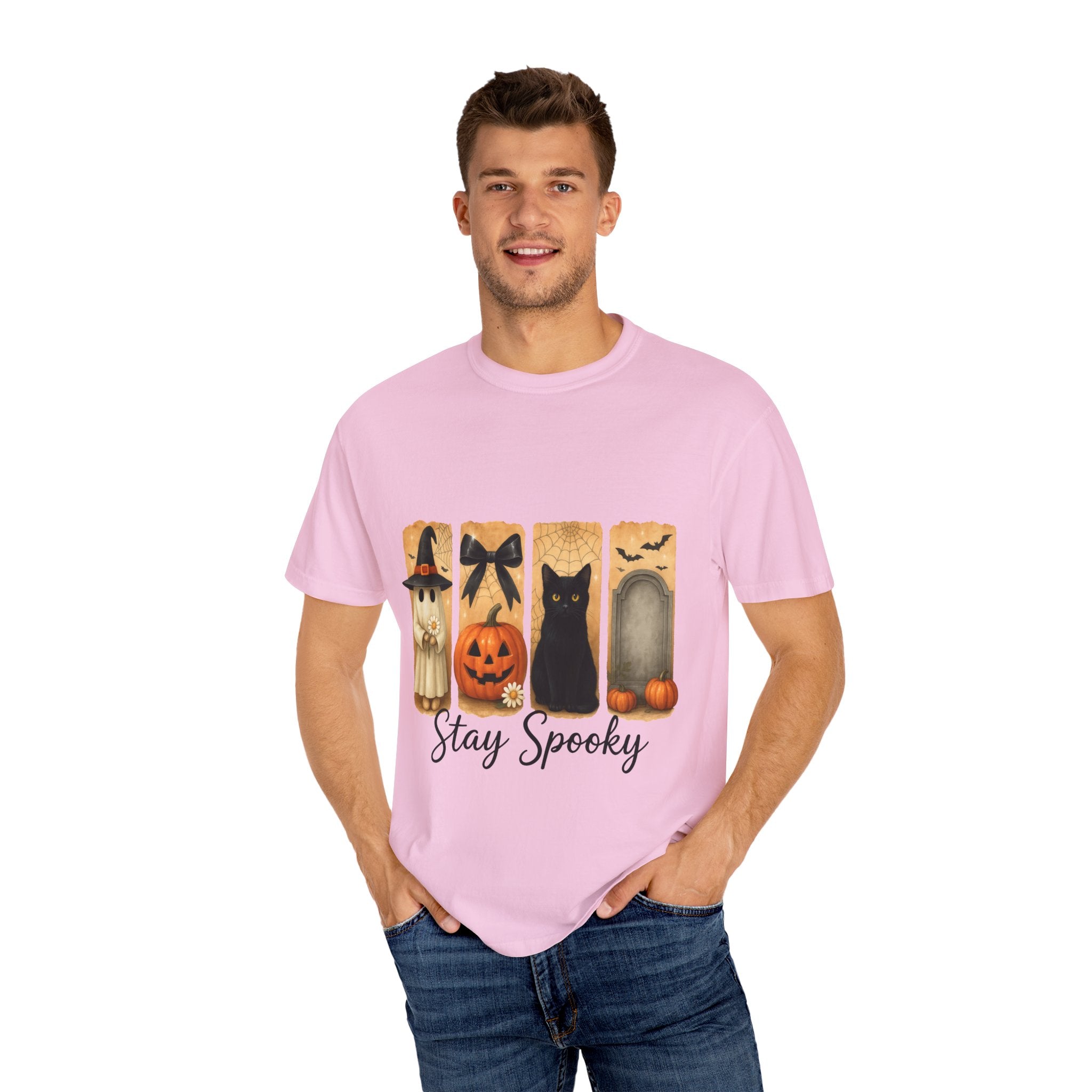 Cute Halloween T-Shirt – Ghost in Witch Hat, Pumpkin, Black Cat & Tombstone Design