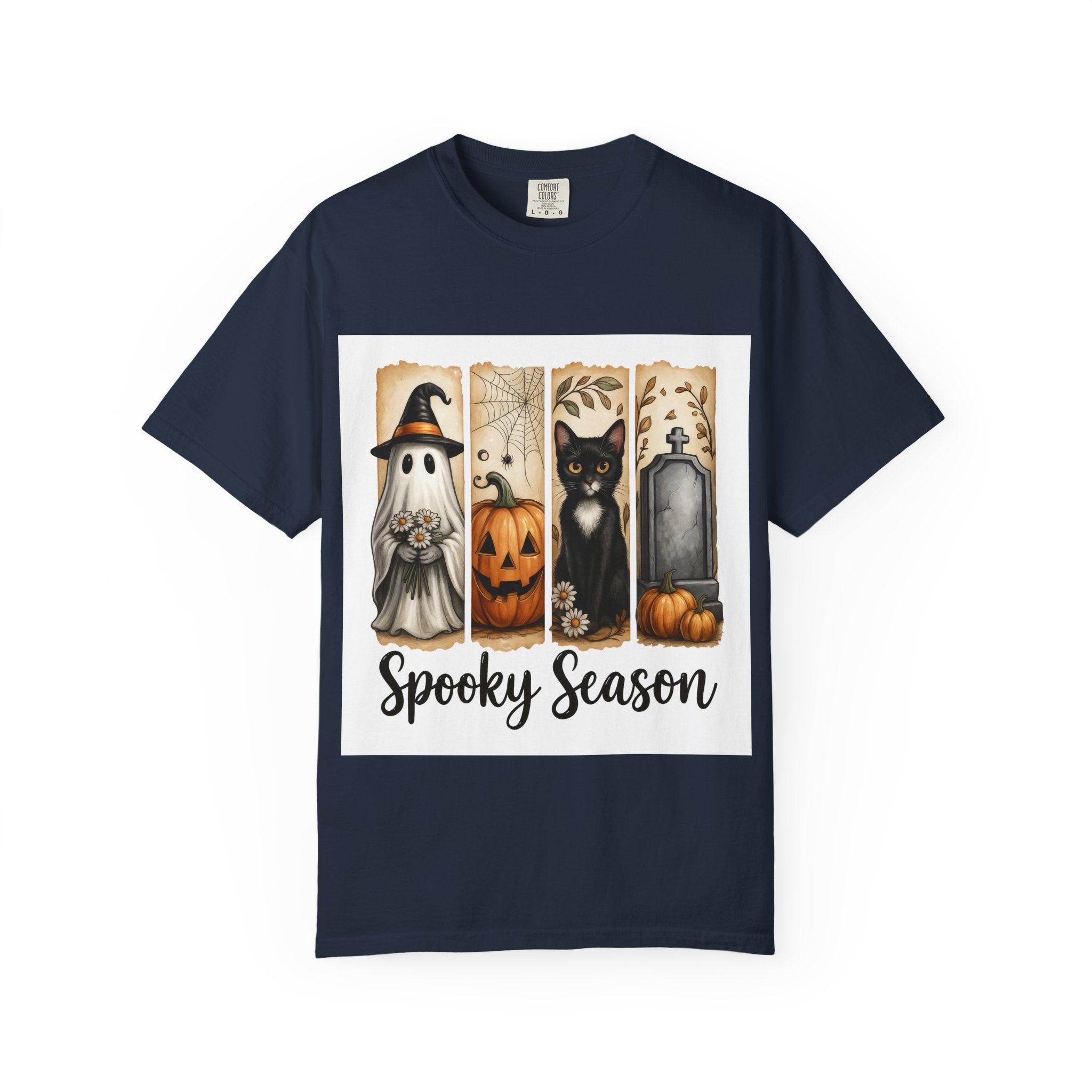 Spooky Season Halloween Unisex T-Shirt – Ghost, Cat & Pumpkin Design - Gallory Hive