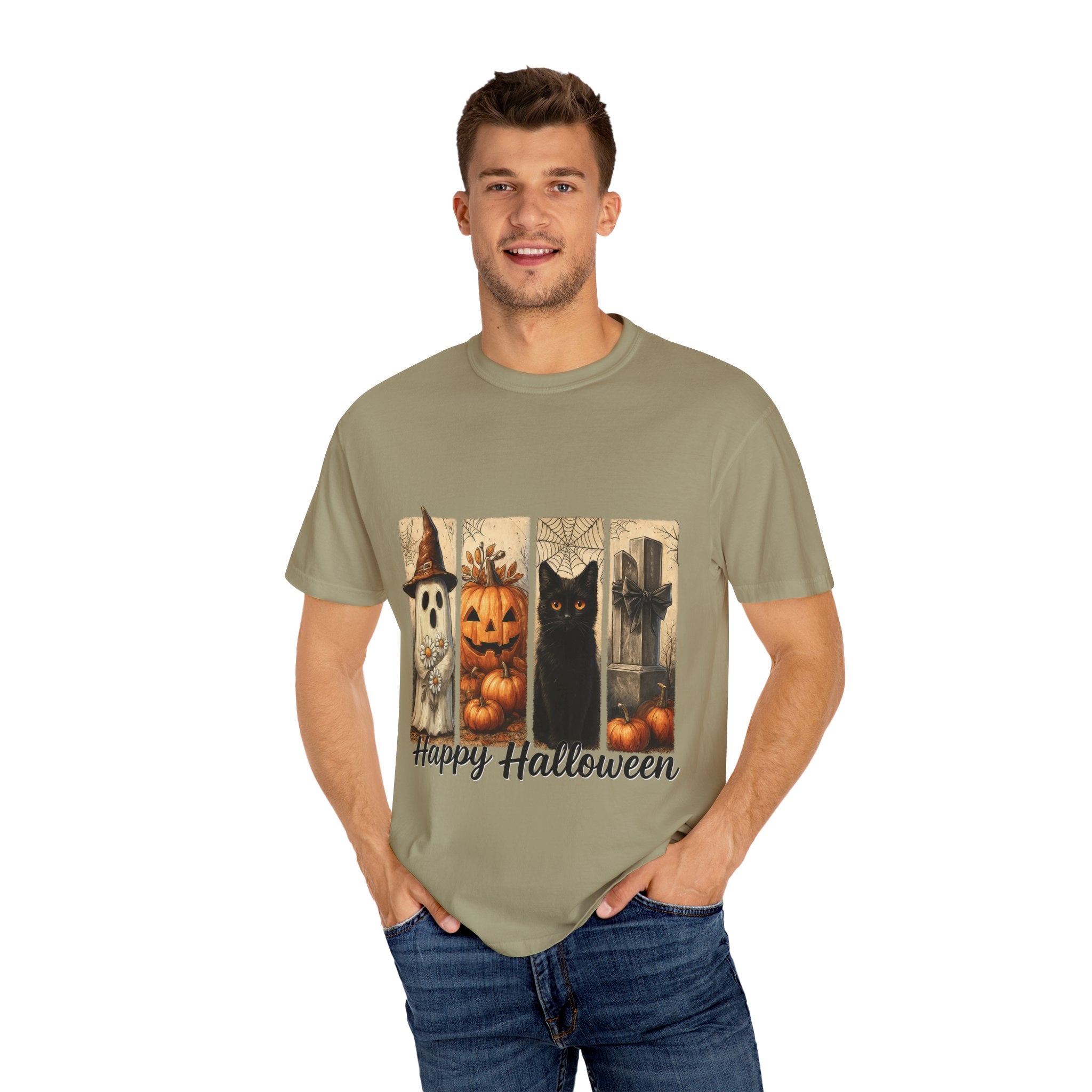 Happy Halloween Unisex T-Shirt – Ghost, Black Cat & Pumpkin Graphic Tee