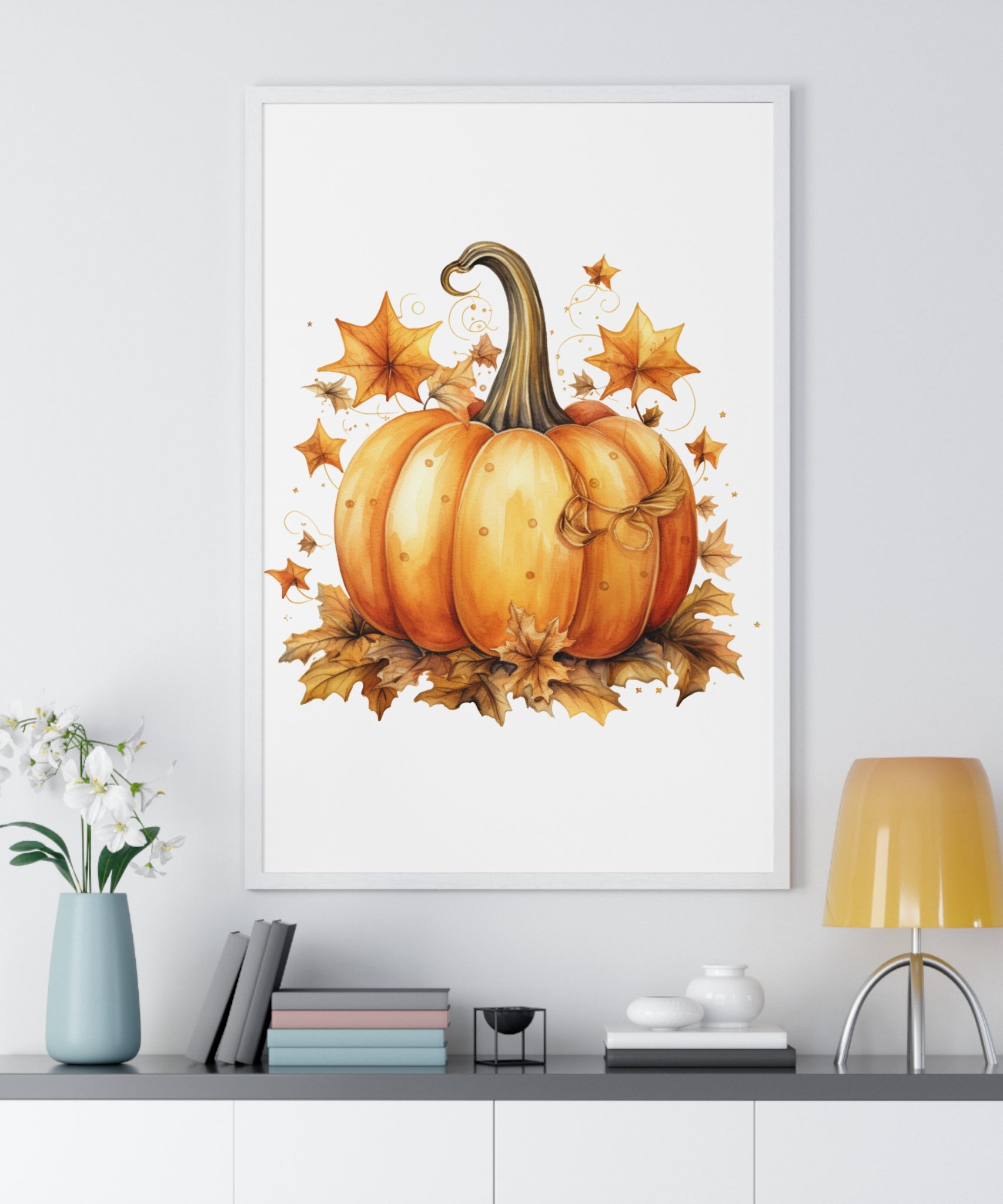 Decorative Autumn Pumpkin Wall Art – Bow-Tied Harvest Poster with Leaves & Swirls | Wooden Frame Fall Decor