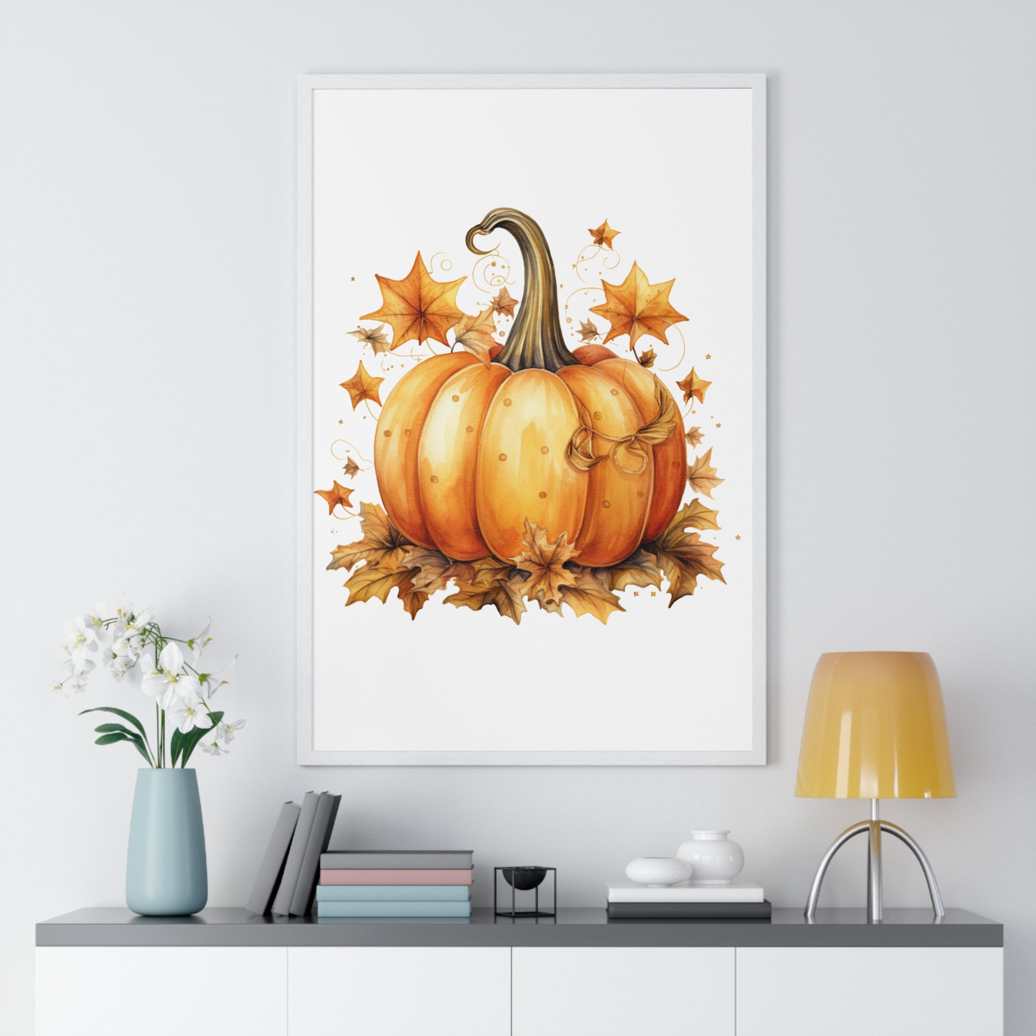 Decorative Autumn Pumpkin Wall Art – Bow-Tied Harvest Poster with Leaves & Swirls | Wooden Frame Fall Decor