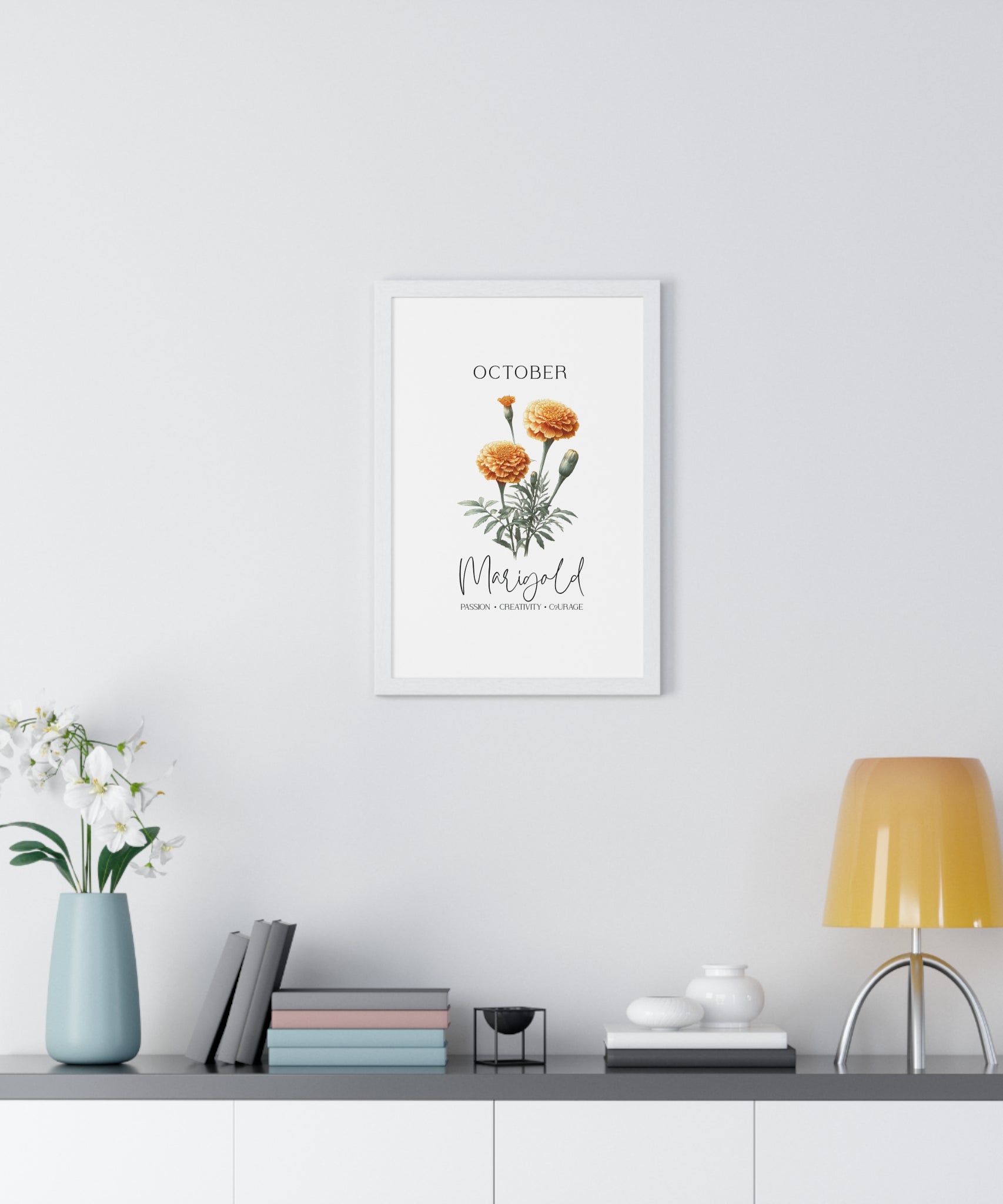 October Birth Month Flower Wall Art – Marigold Illustration in Wooden Frame | Passion, Creativity & Courage