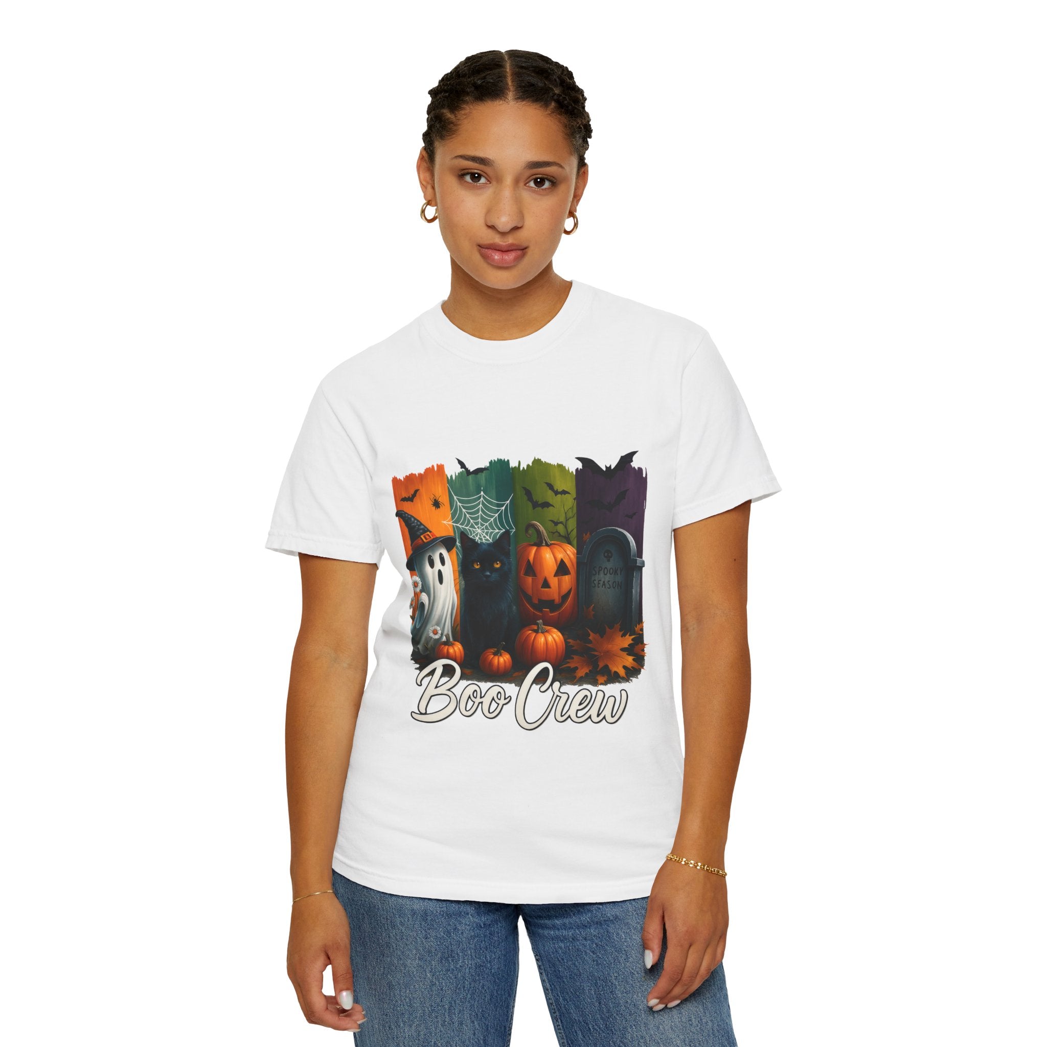 Boo Crew Halloween Unisex T-Shirt – Cute Ghost, Black Cat, Pumpkin & Tombstone Design
