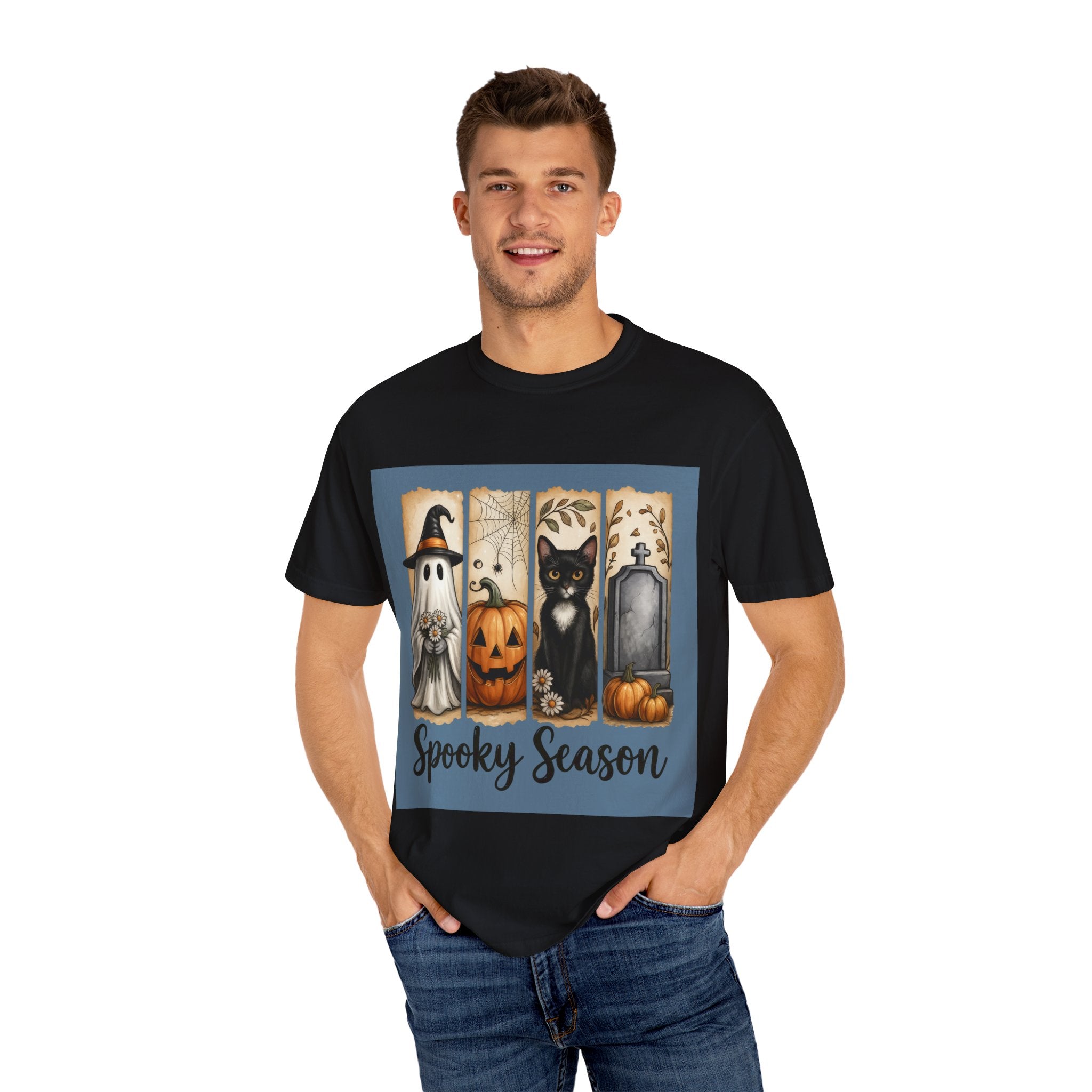 Spooky Season Halloween Unisex T-Shirt – Ghost, Cat & Pumpkin Design