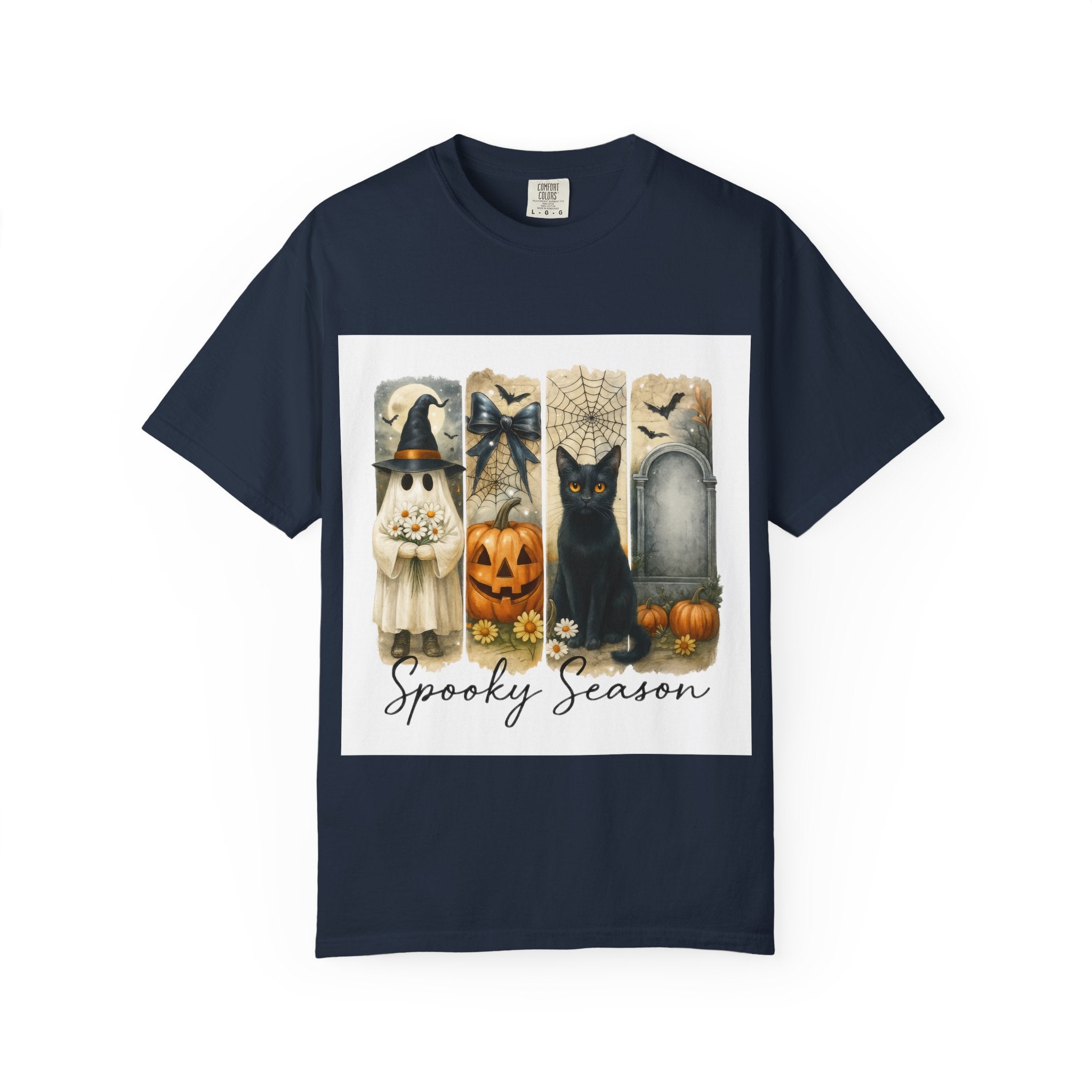 Spooky Season Halloween Unisex T-Shirt – Ghost, Black Cat & Pumpkin Design