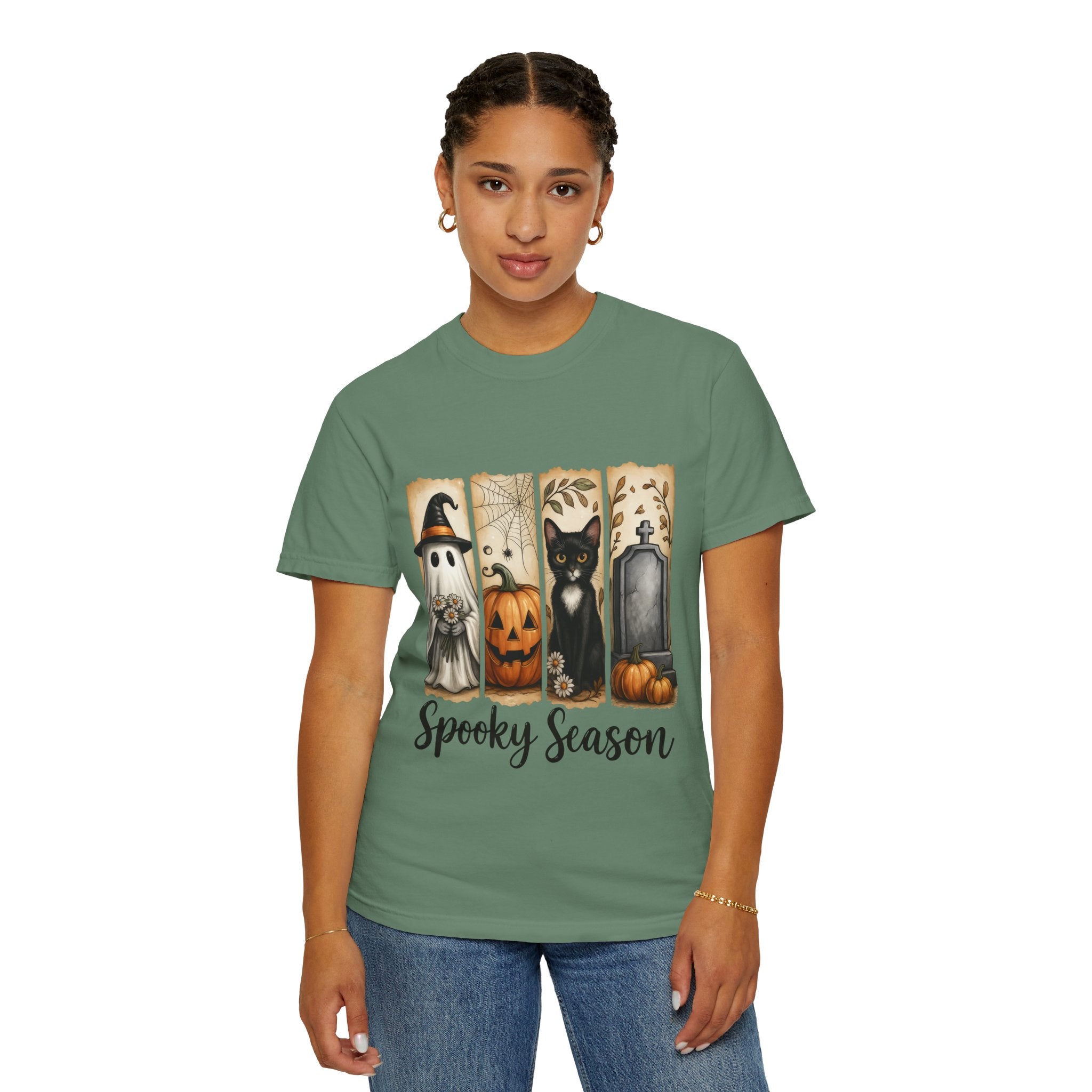 Spooky Season Halloween Unisex T-Shirt – Ghost, Cat & Pumpkin Design