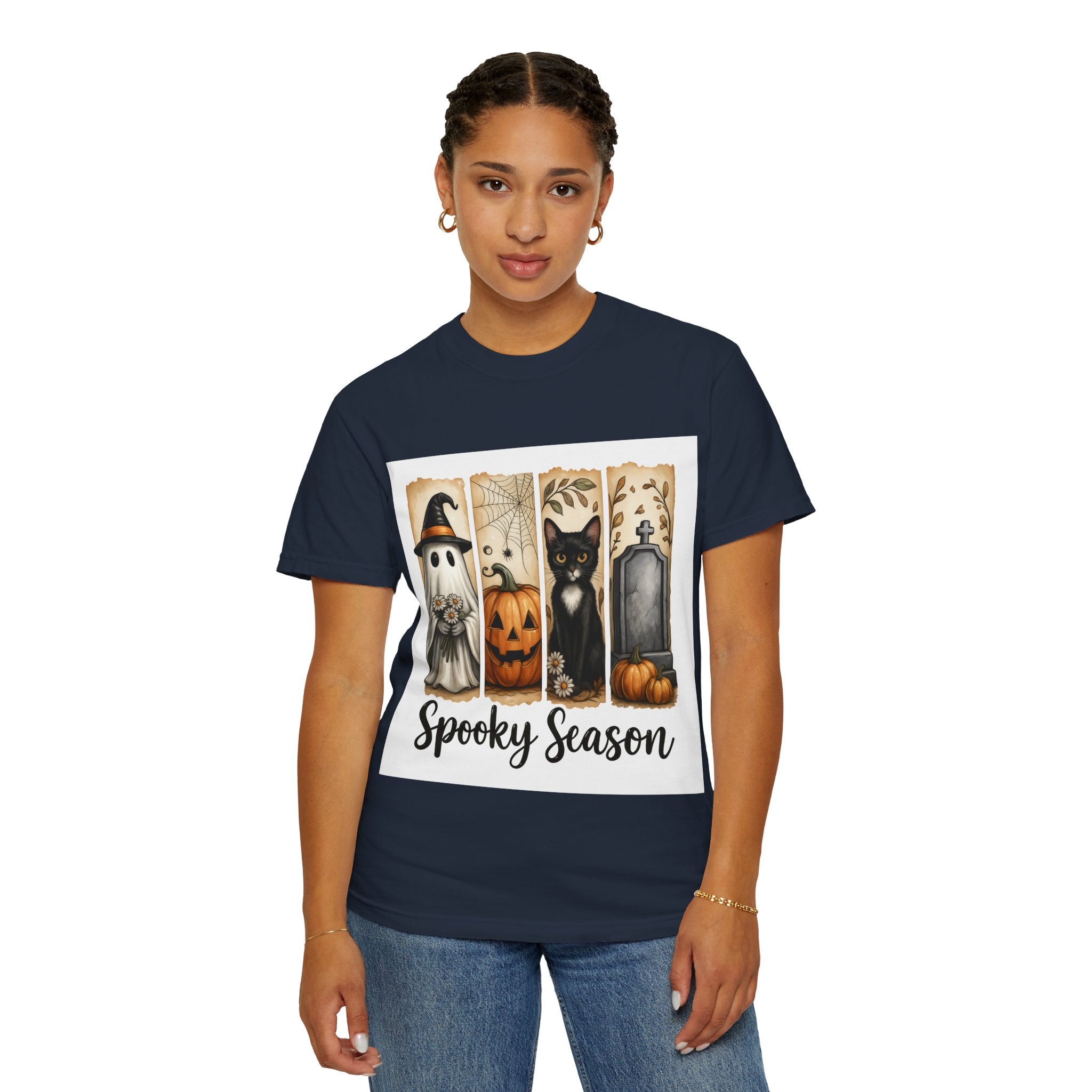 Spooky Season Halloween Unisex T-Shirt – Ghost, Cat & Pumpkin Design - Gallory Hive