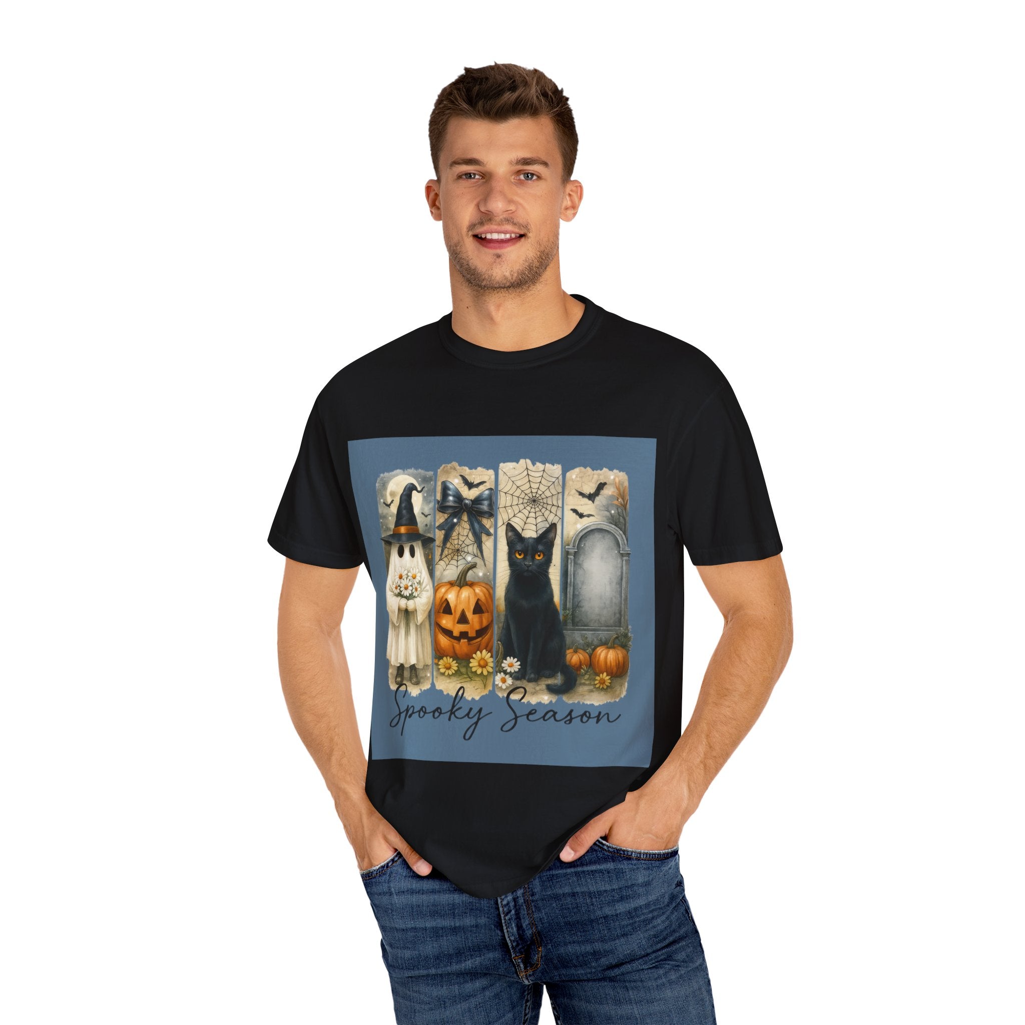 Spooky Season Halloween Unisex T-Shirt – Ghost, Black Cat & Pumpkin Design