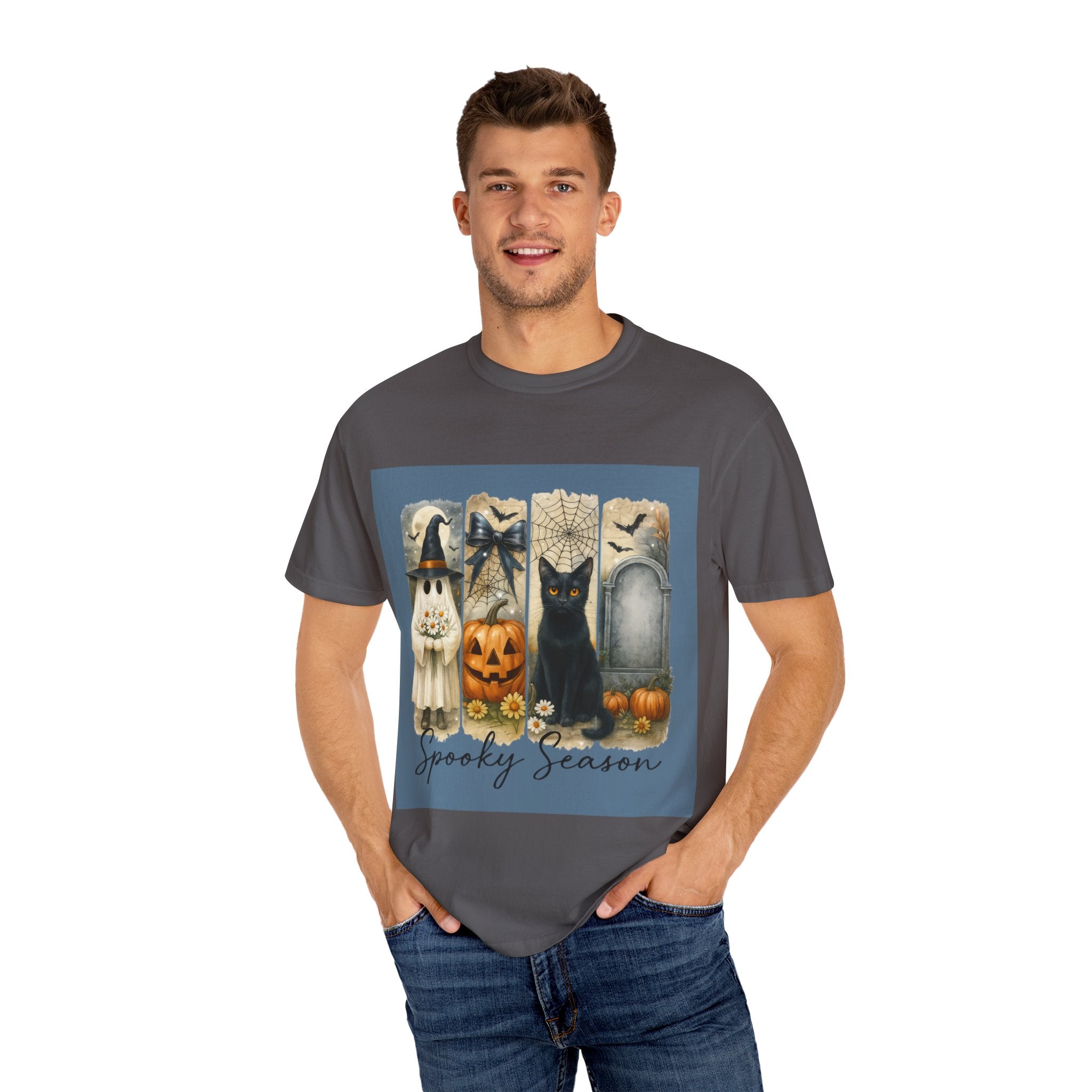 Spooky Season Halloween Unisex T-Shirt – Ghost, Black Cat & Pumpkin Design
