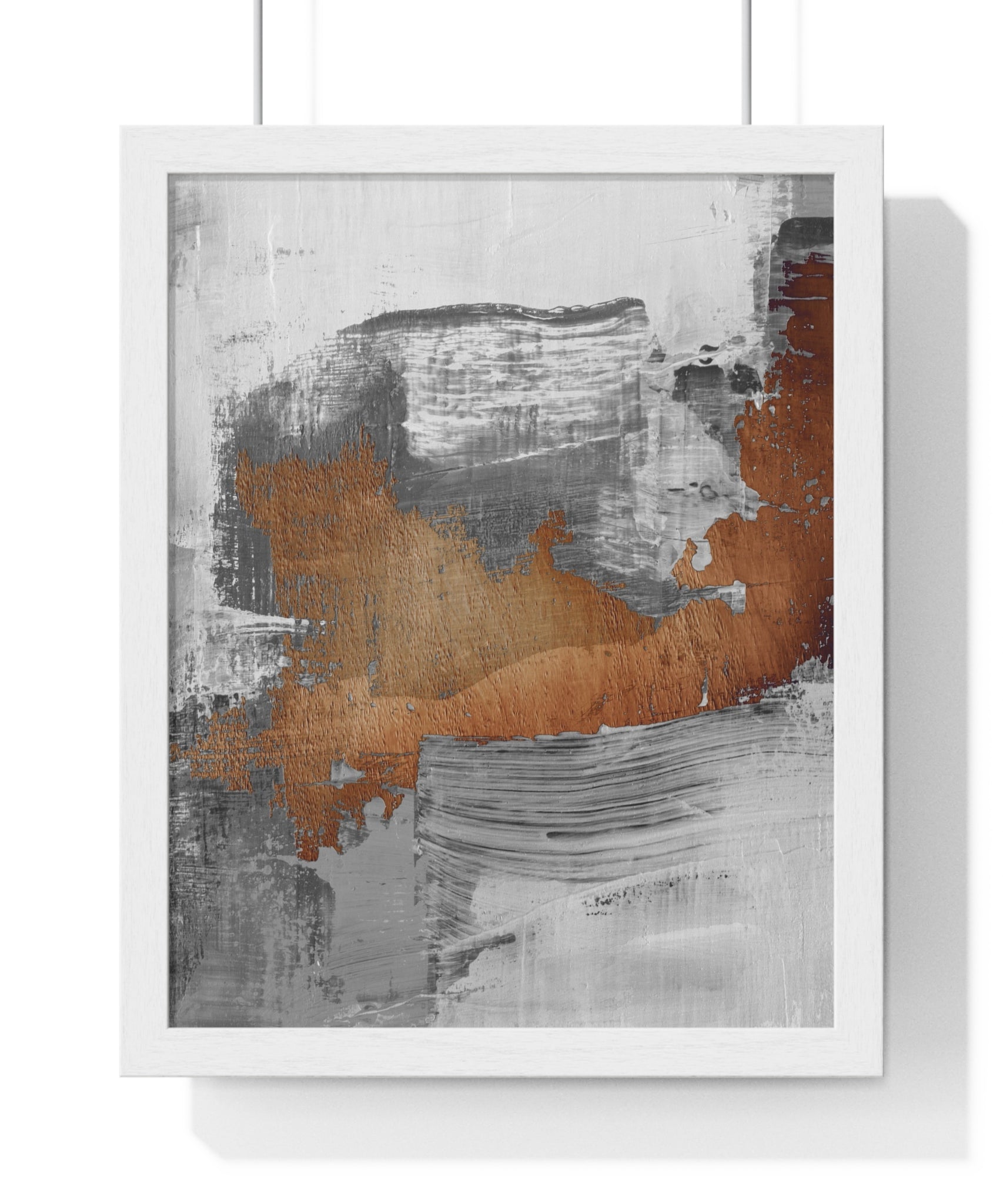 Textured Abstract Wall Art – Grey, Copper & White Modern Brushstroke Poster on Wooden Frame