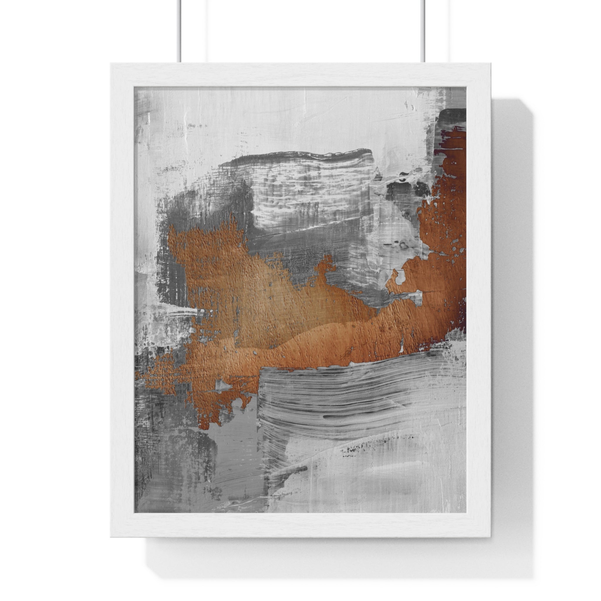 Textured Abstract Wall Art – Grey, Copper & White Modern Brushstroke Poster on Wooden Frame