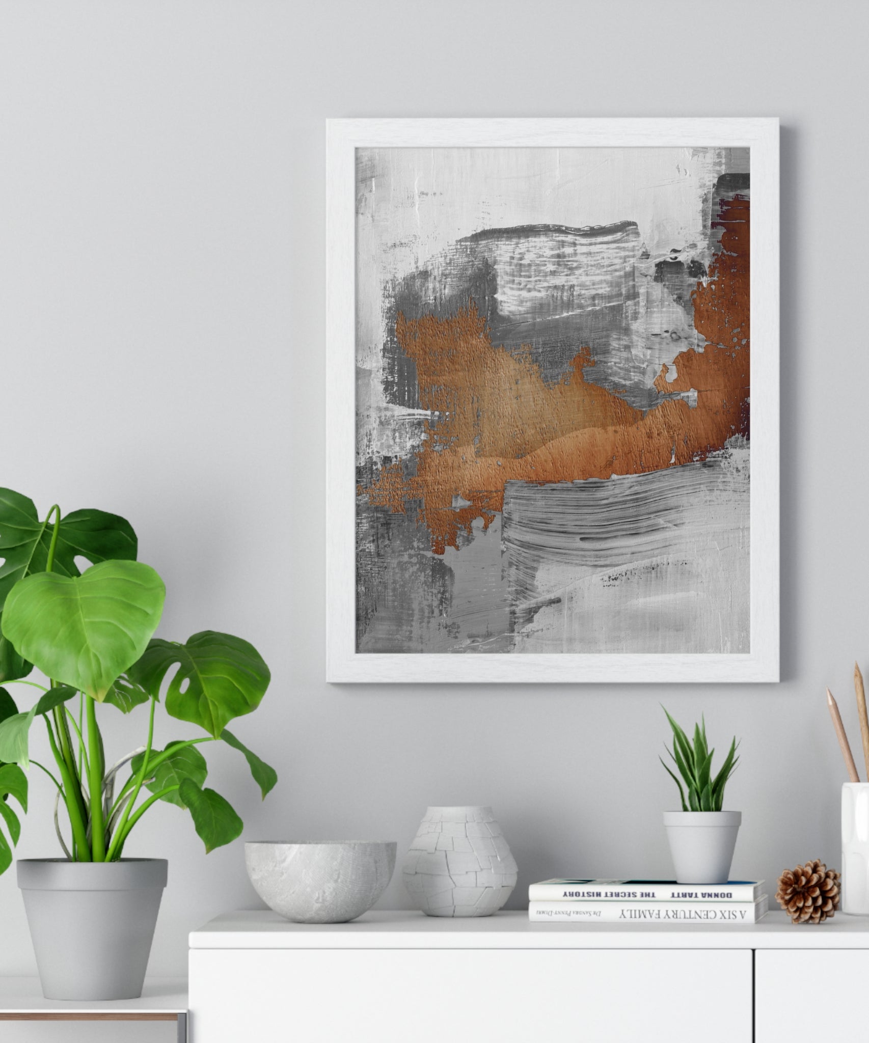 Textured Abstract Wall Art – Grey, Copper & White Modern Brushstroke Poster on Wooden Frame