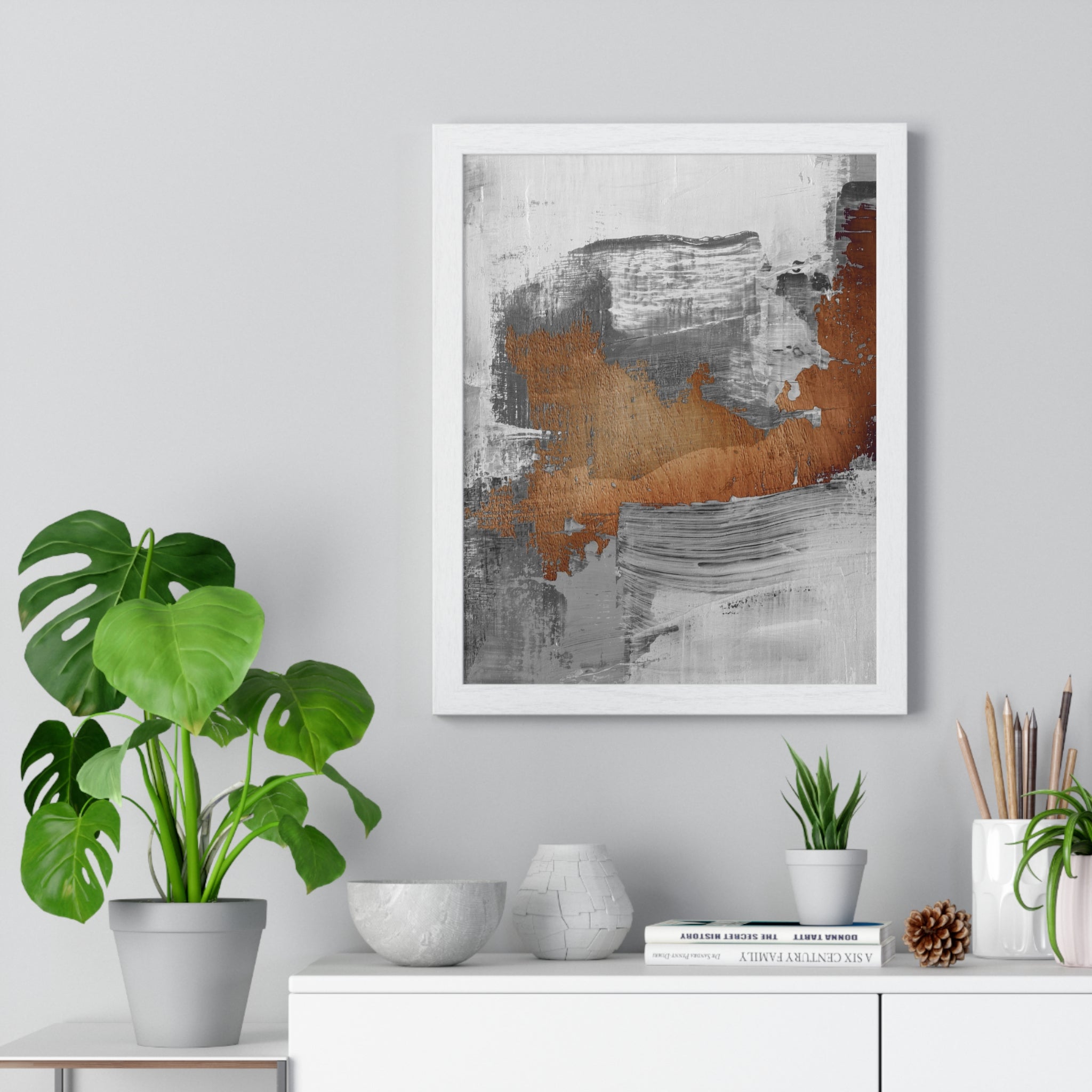 Textured Abstract Wall Art – Grey, Copper & White Modern Brushstroke Poster on Wooden Frame