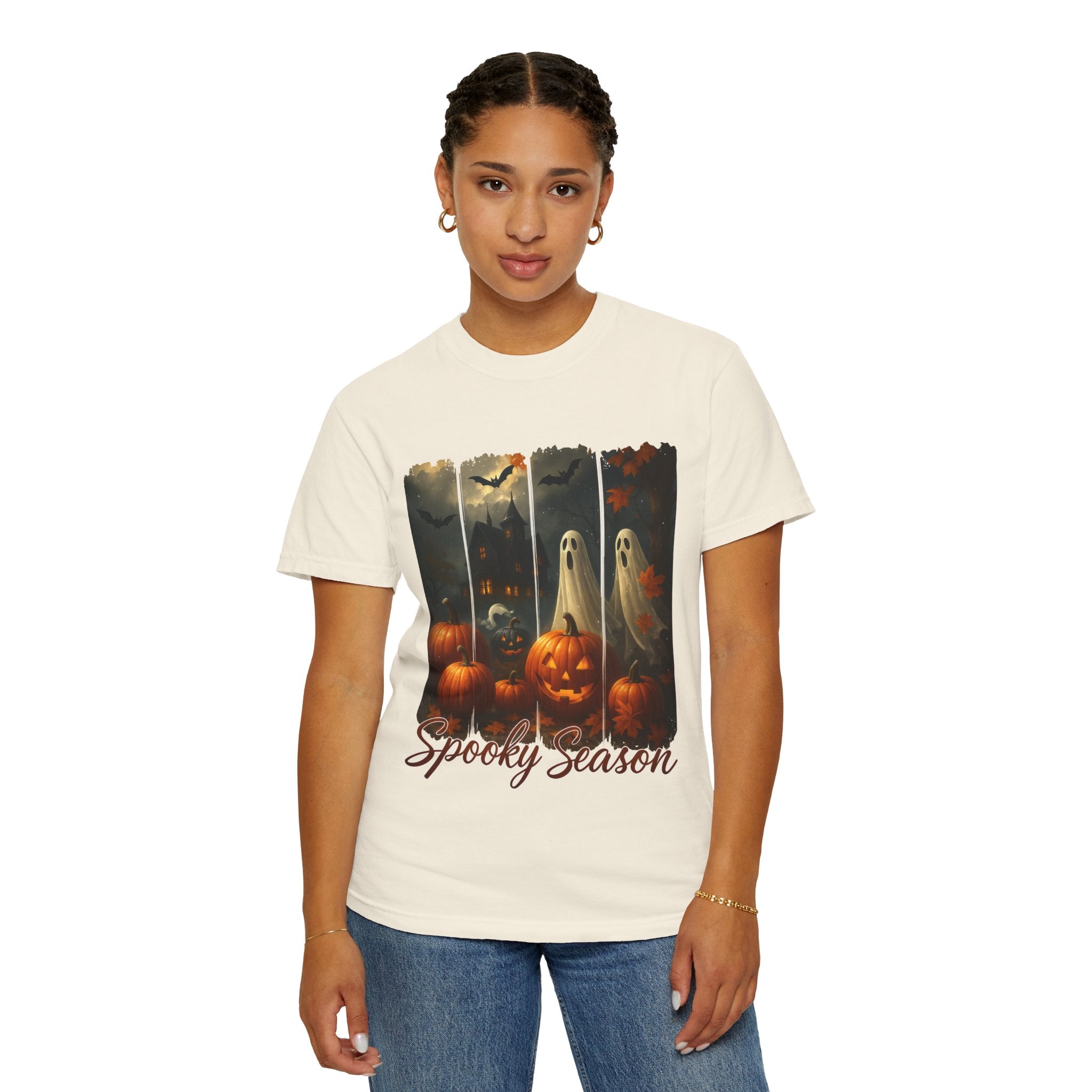 Spooky Season Unisex Halloween T-Shirt – Haunted House, Pumpkins & Ghosts Fall Design