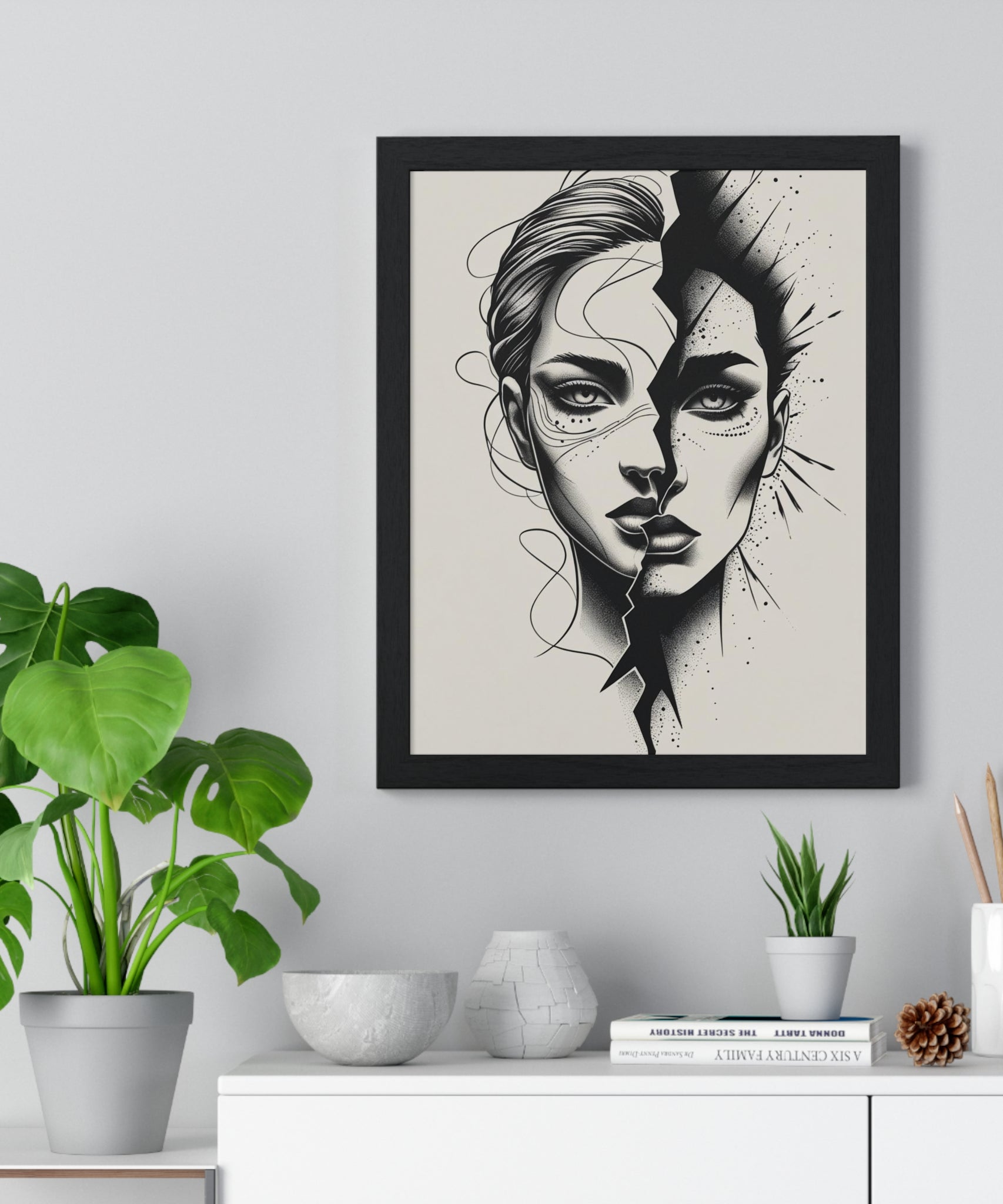 Framed Art Print, Modern Wall Decor, Home Office Gift, Minimalist Split Face Poster, Stylish Artwork - Gallory Hive