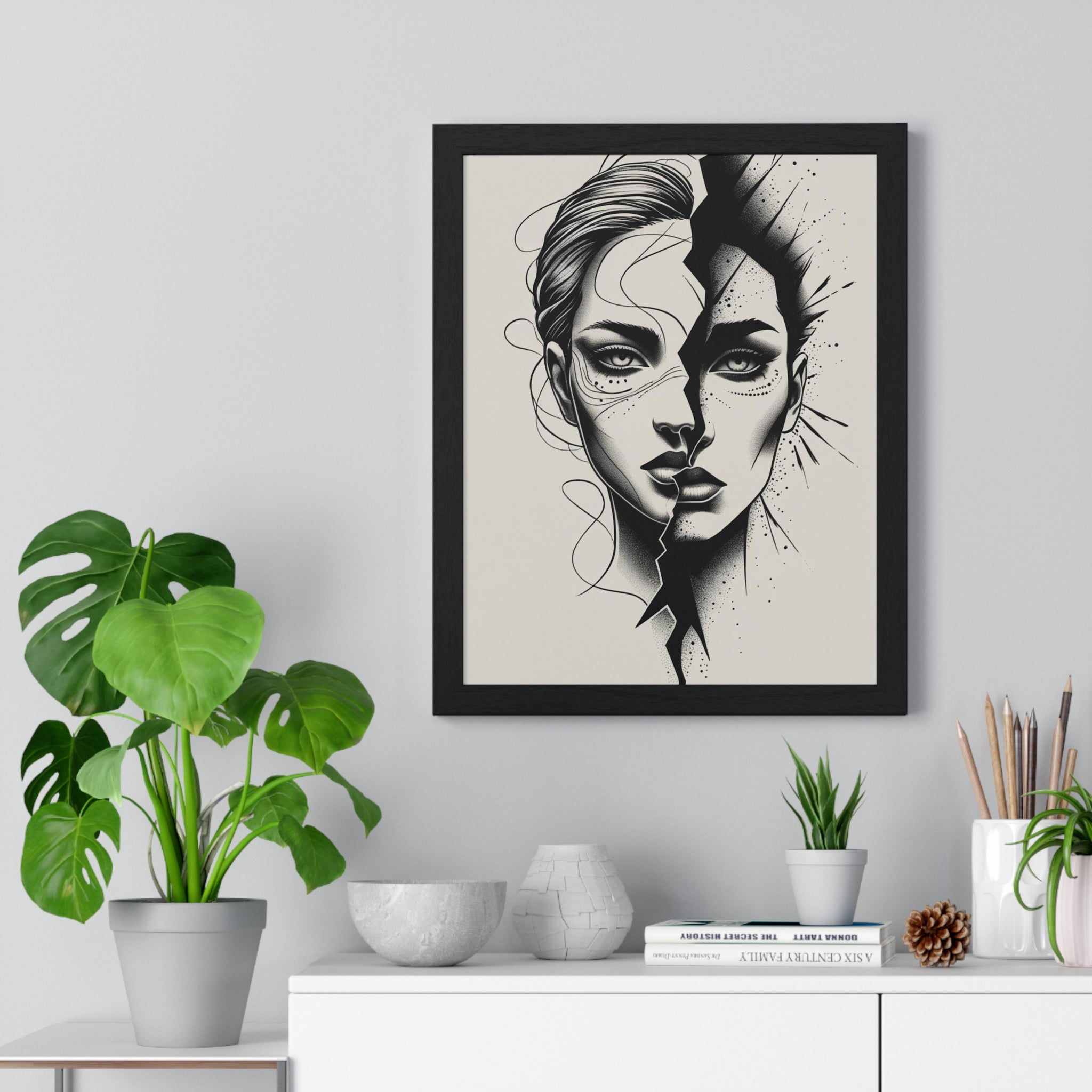 Framed Art Print, Modern Wall Decor, Home Office Gift, Minimalist Split Face Poster, Stylish Artwork