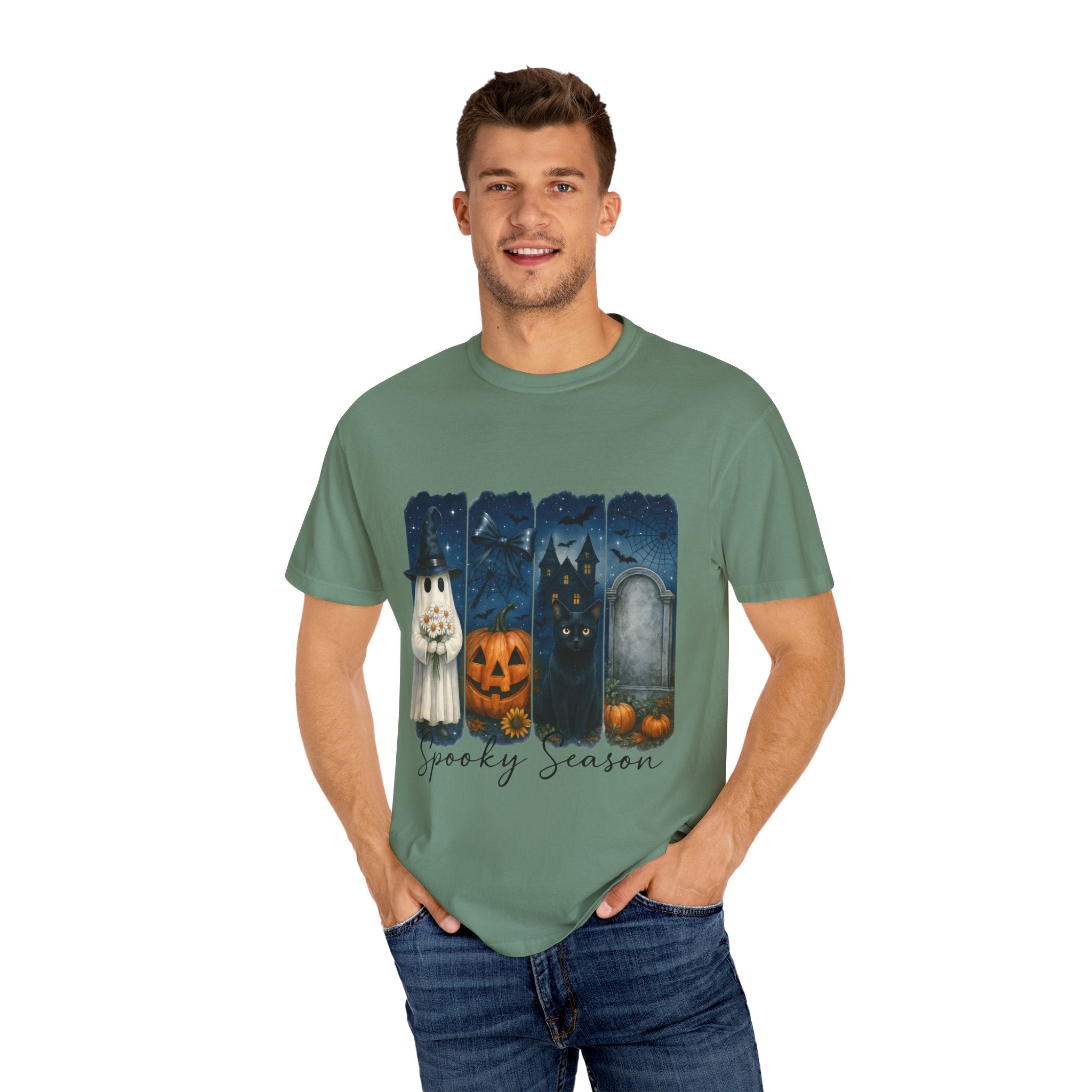 Spooky Season Halloween T-Shirt – Ghost, Black Cat, Pumpkin & Haunted House Design