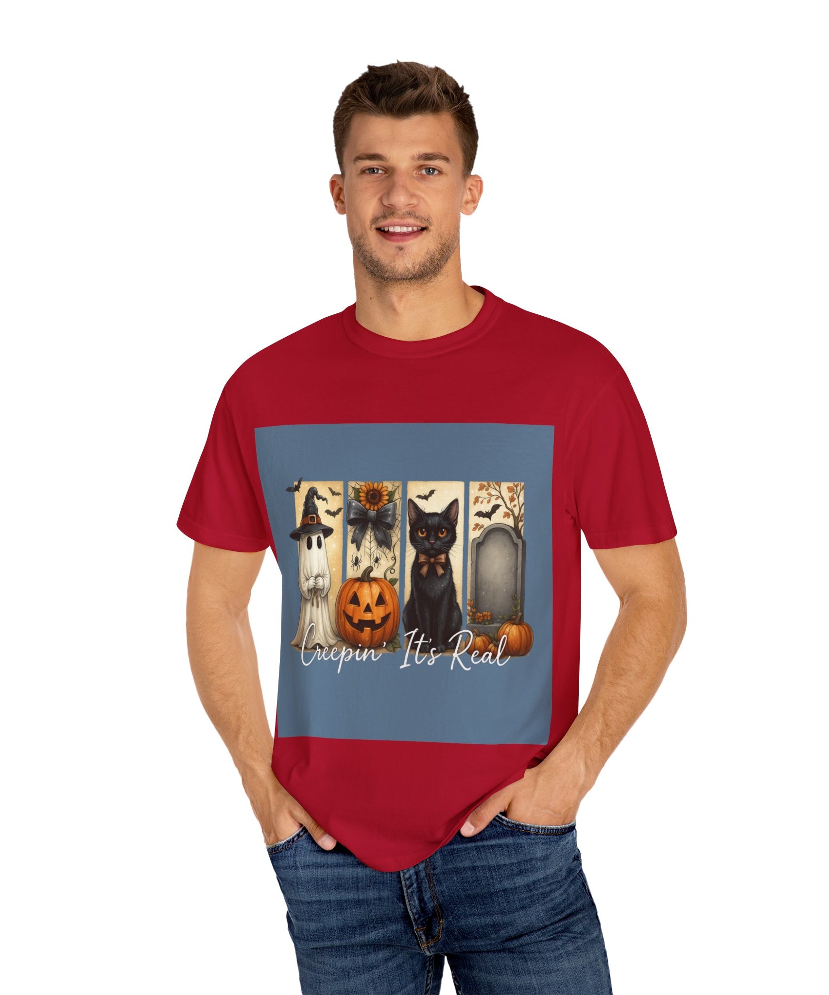 Creepin’ It’s Real Halloween T-Shirt – Cute Ghost, Pumpkin, Black Cat & Tombstone Design - Gallory Hive
