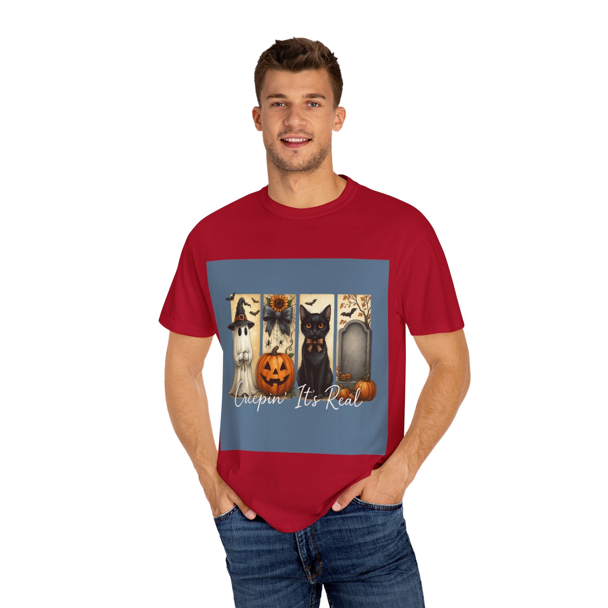 Creepin’ It’s Real Halloween T-Shirt – Cute Ghost, Pumpkin, Black Cat & Tombstone Design