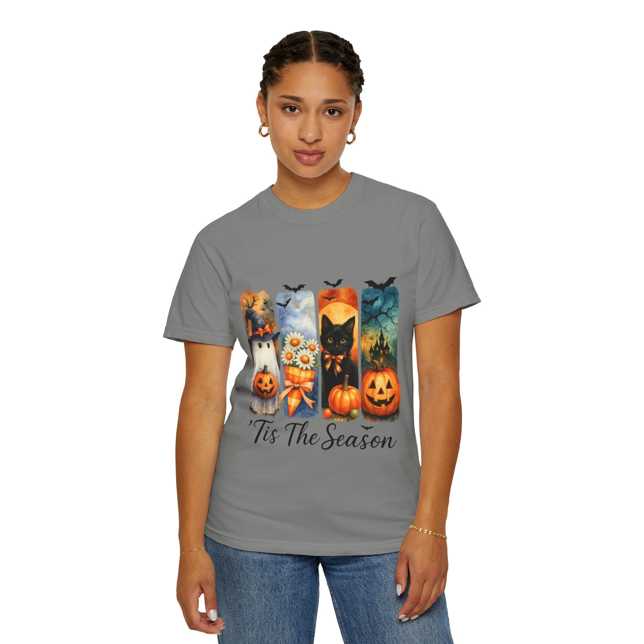 Whimsical Halloween T-Shirt – Ghost, Black Cat, Pumpkins & Haunted House Design