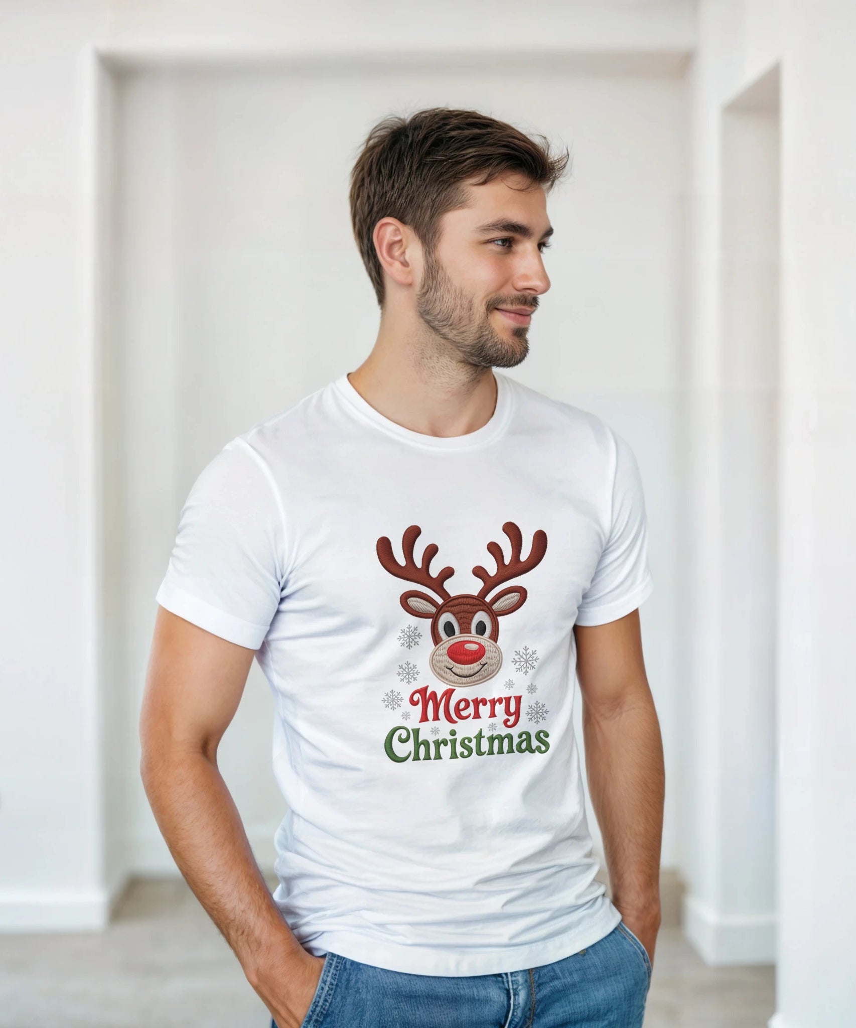 Festive Reindeer Merry Christmas Crewneck T-Shirt | Gallory Hive