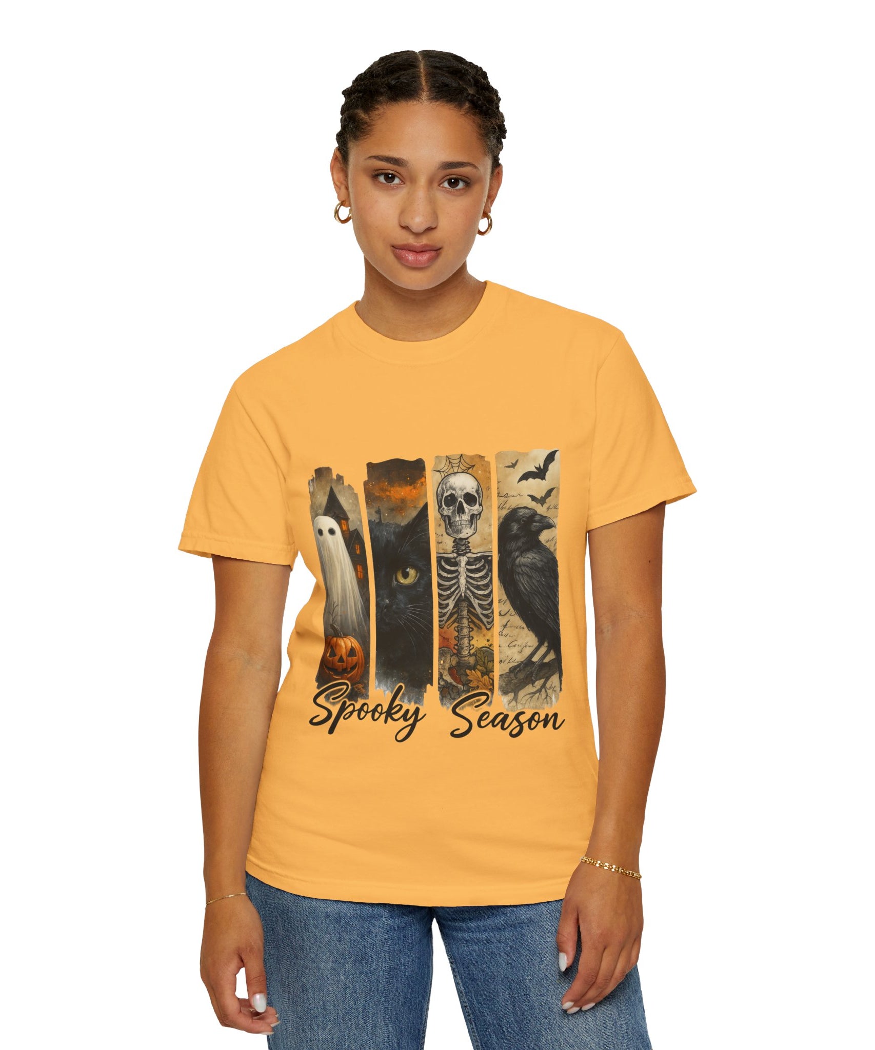 Spooky Season Gothic Halloween T-Shirt – Ghost, Black Cat, Skeleton & Raven Design - Gallory Hive