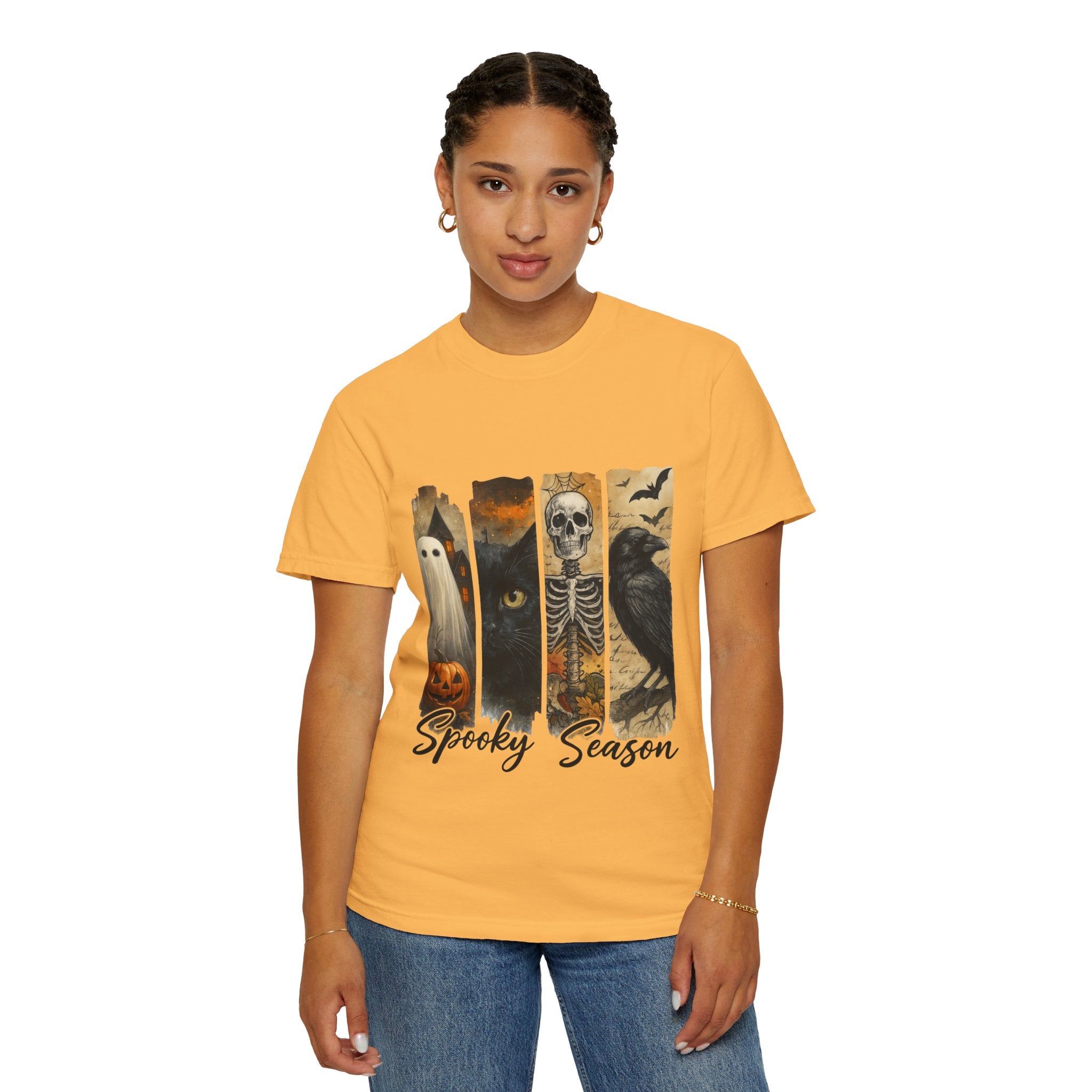 Spooky Season Gothic Halloween T-Shirt – Ghost, Black Cat, Skeleton & Raven Design