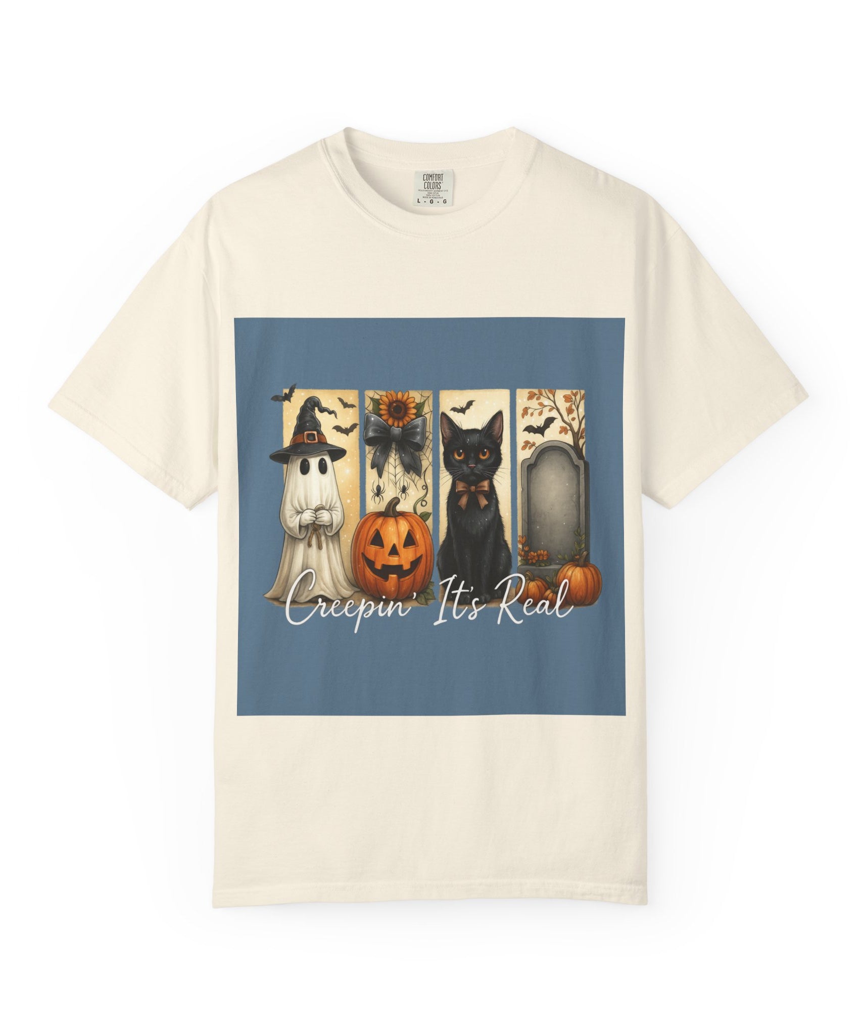 Creepin’ It’s Real Halloween T-Shirt – Cute Ghost, Pumpkin, Black Cat & Tombstone Design - Gallory Hive