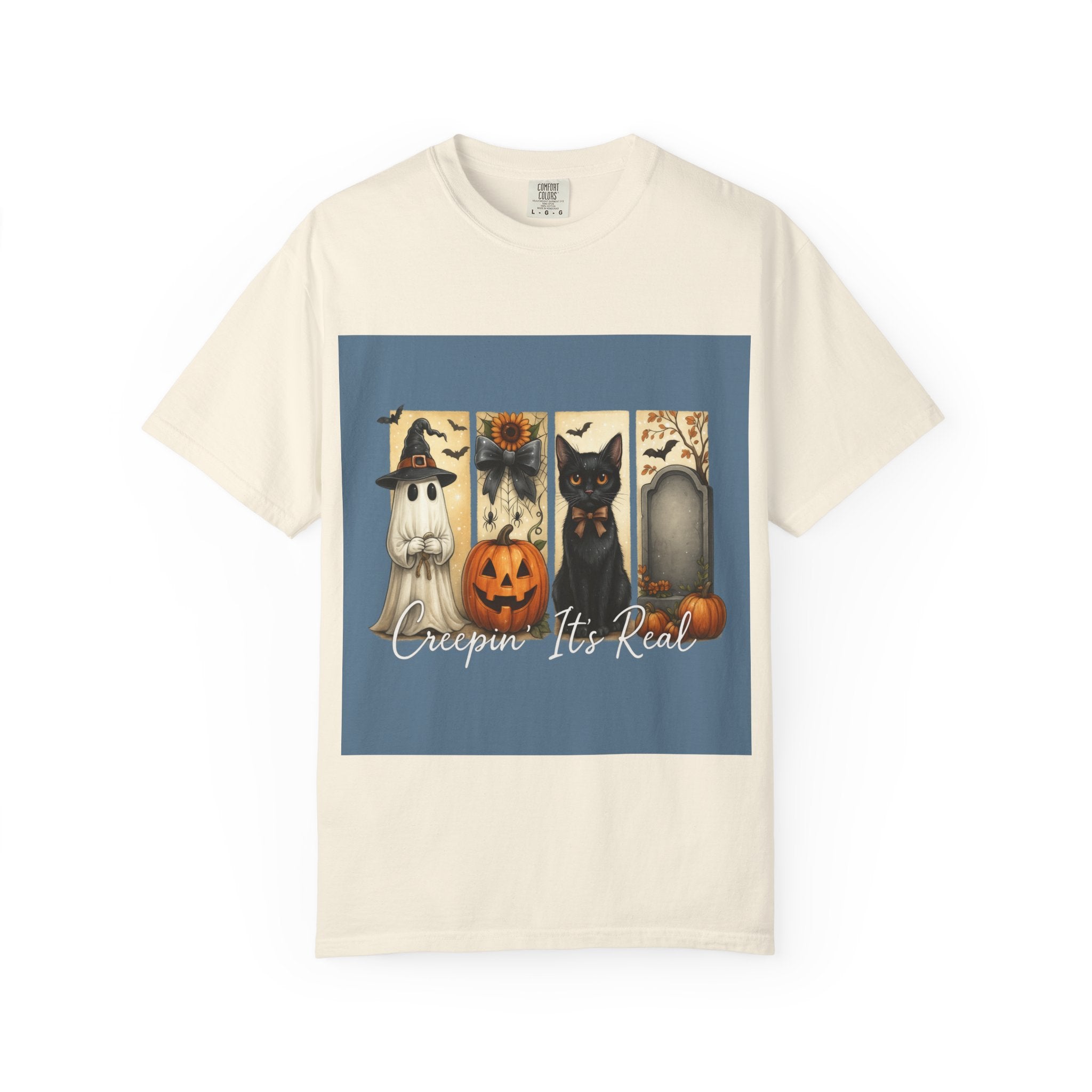 Creepin’ It’s Real Halloween T-Shirt – Cute Ghost, Pumpkin, Black Cat & Tombstone Design