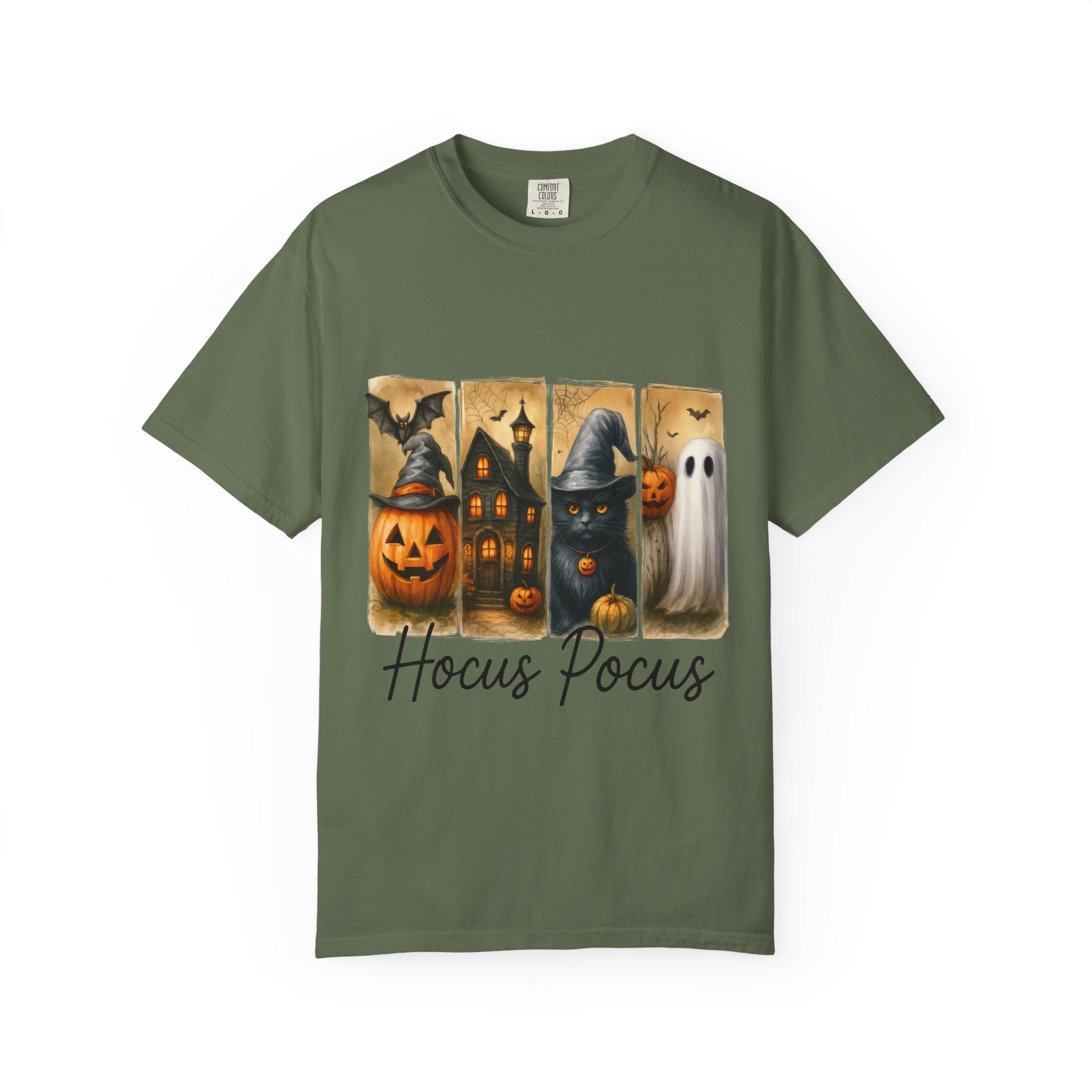 Hocus Pocus Halloween Unisex T-Shirt – Witchy Cat, Haunted House, Pumpkin & Ghost Art