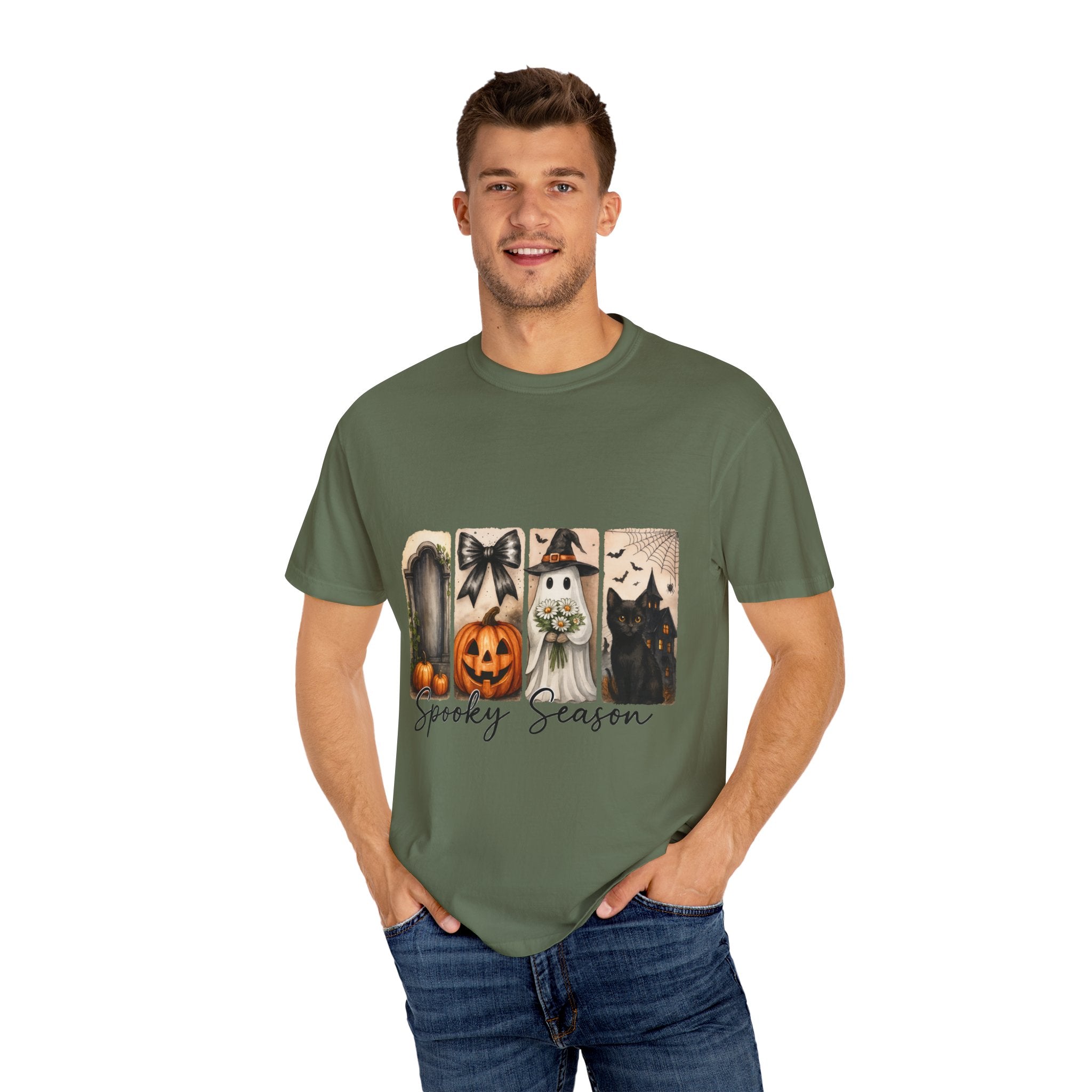 Spooky Season Unisex Halloween T-Shirt – Ghost, Black Cat, Pumpkin & Haunted House Art