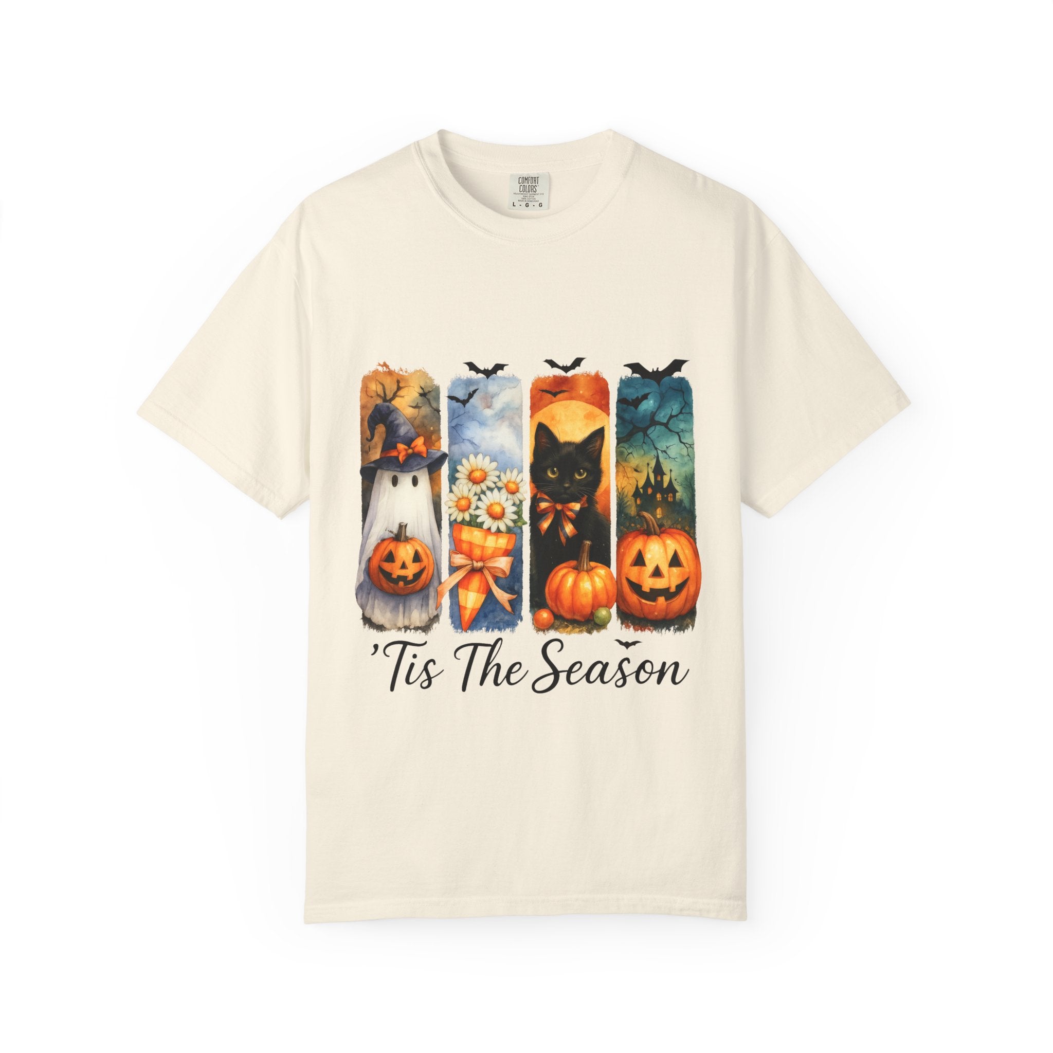Whimsical Halloween T-Shirt – Ghost, Black Cat, Pumpkins & Haunted House Design