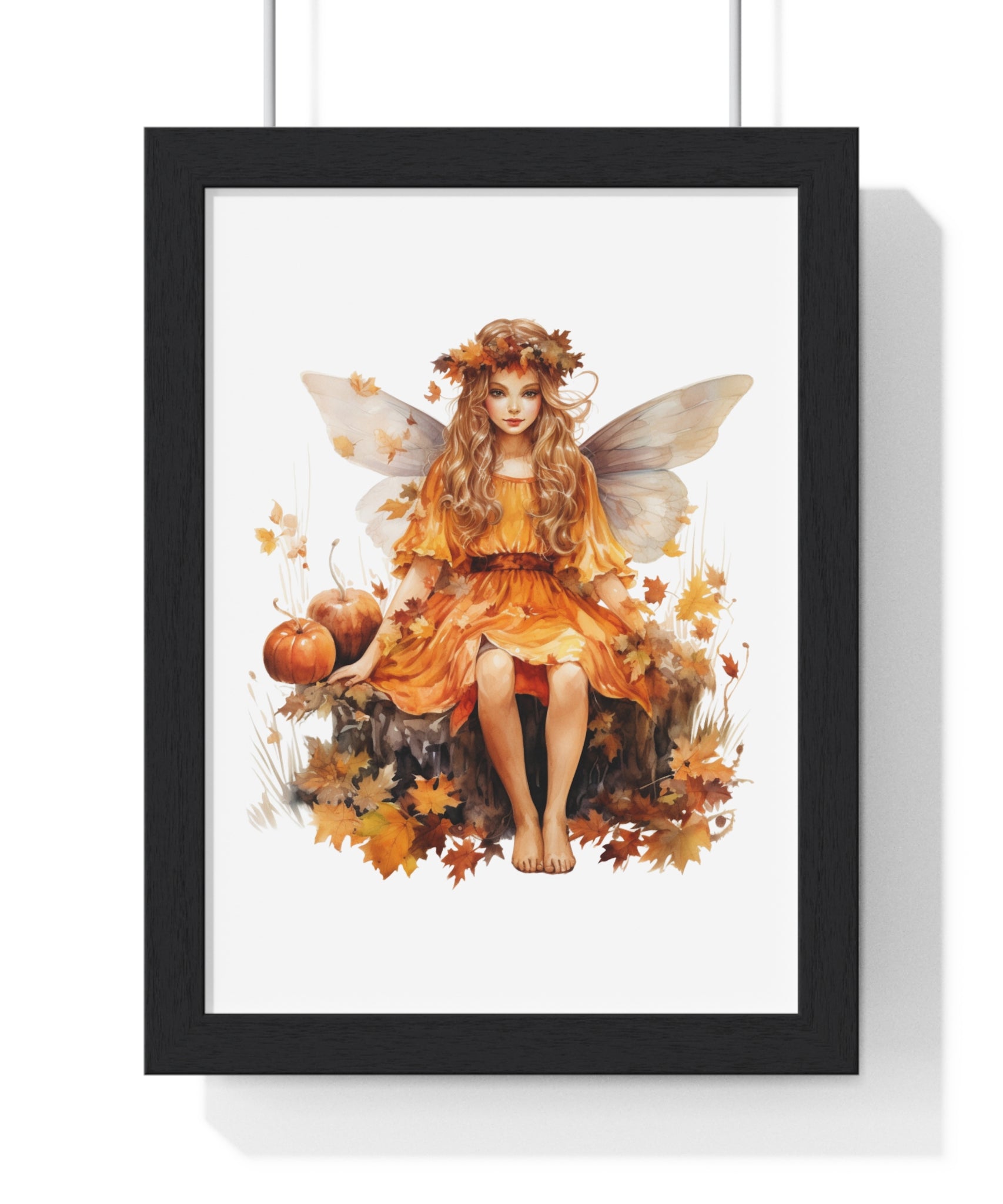Fall Fairy Wall Art – Orange Dress Woodland Fairy with Pumpkins | Wooden Frame Poster for Autumn Home Decor