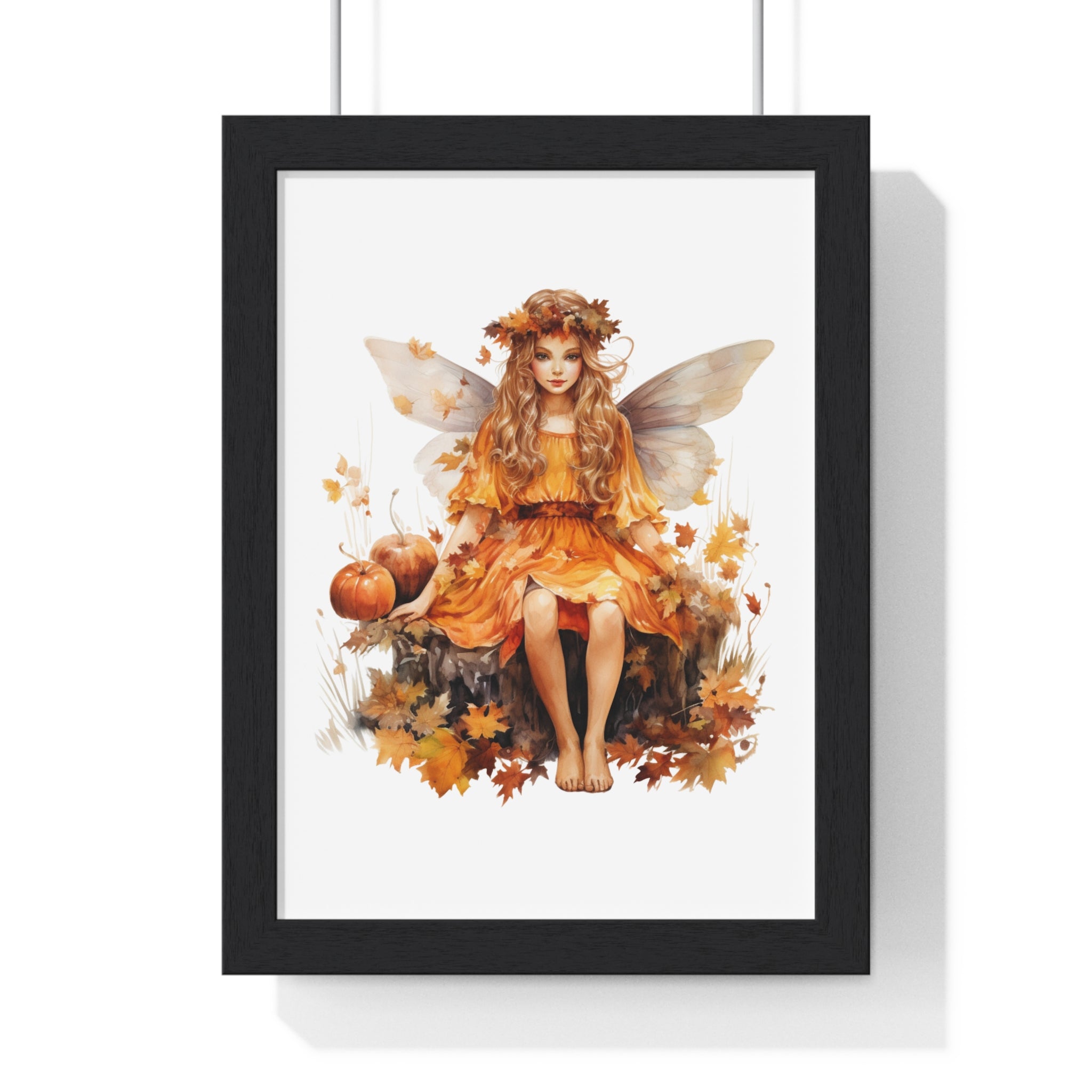 Fall Fairy Wall Art – Orange Dress Woodland Fairy with Pumpkins | Wooden Frame Poster for Autumn Home Decor