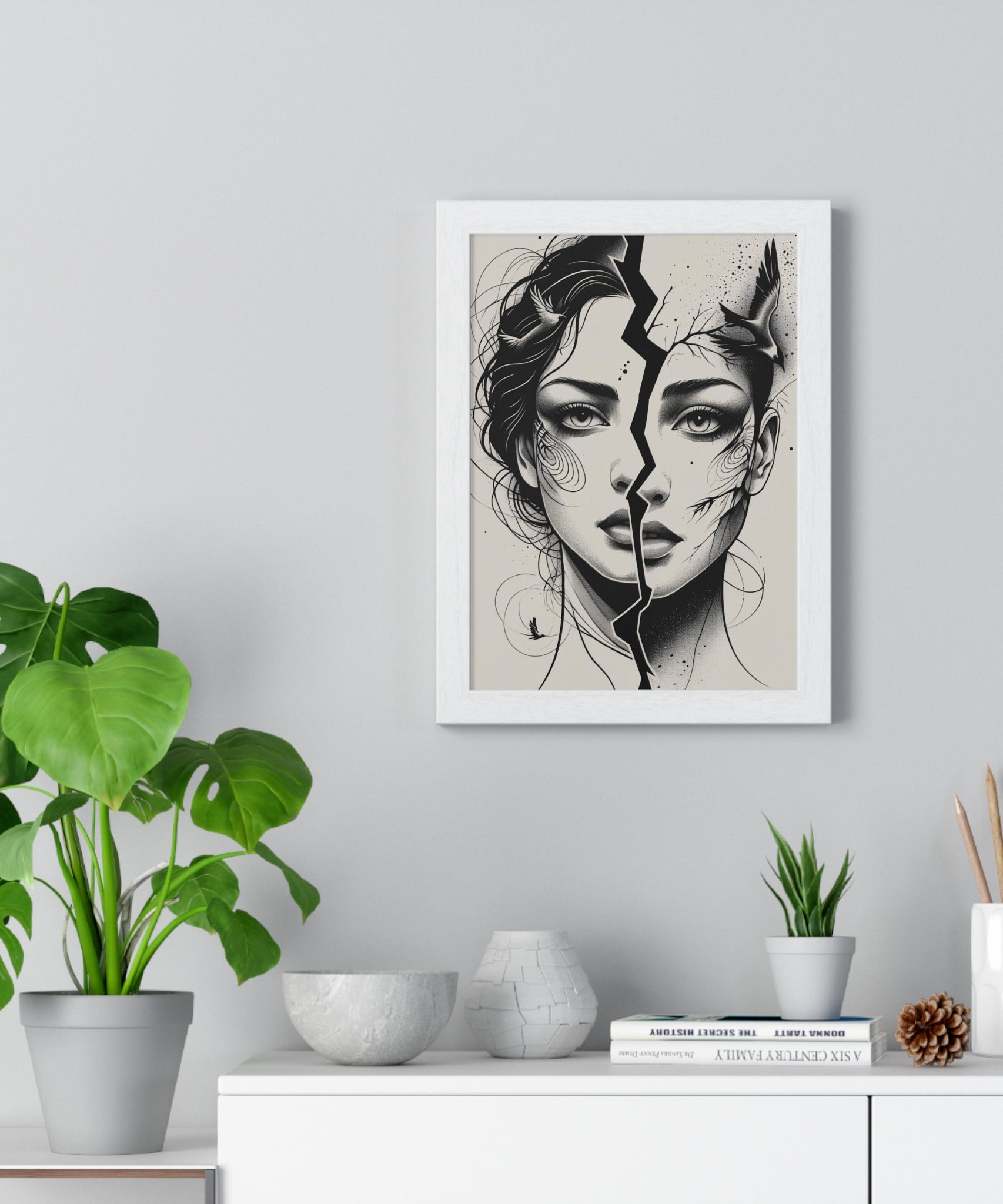 Vertical Framed Poster, Women Split Face Home Decor Art Modern Wall Unique Gift Inspirational Artwork, Wall Hanging Art Print - Gallory Hive