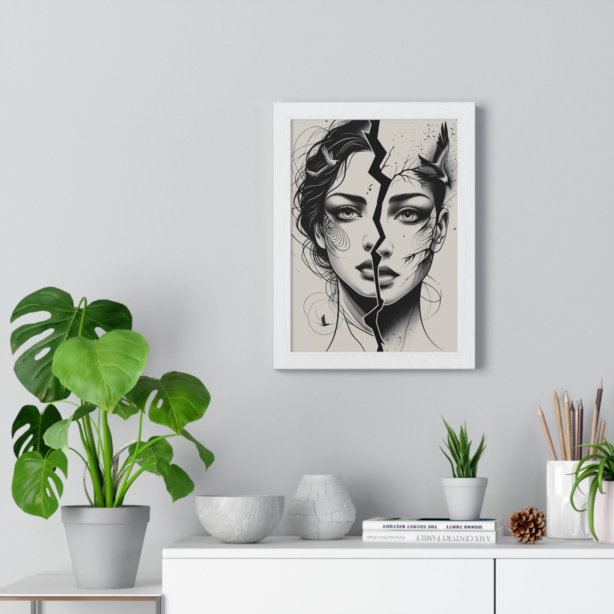 Vertical Framed Poster, Women Split Face Home Decor Art Modern Wall Unique Gift Inspirational Artwork, Wall Hanging Art Print