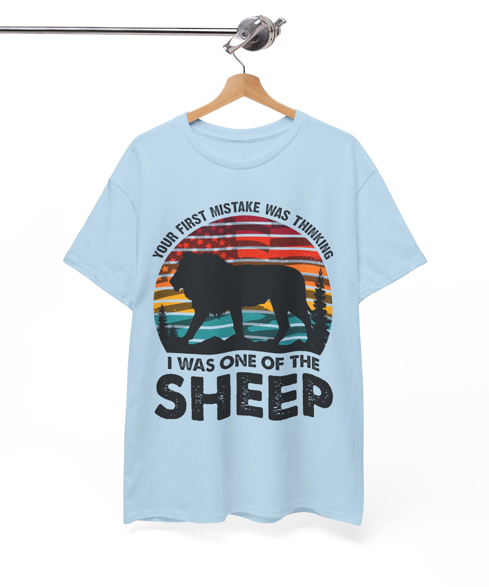 Bold Lion Tee with USA Flag Sunset