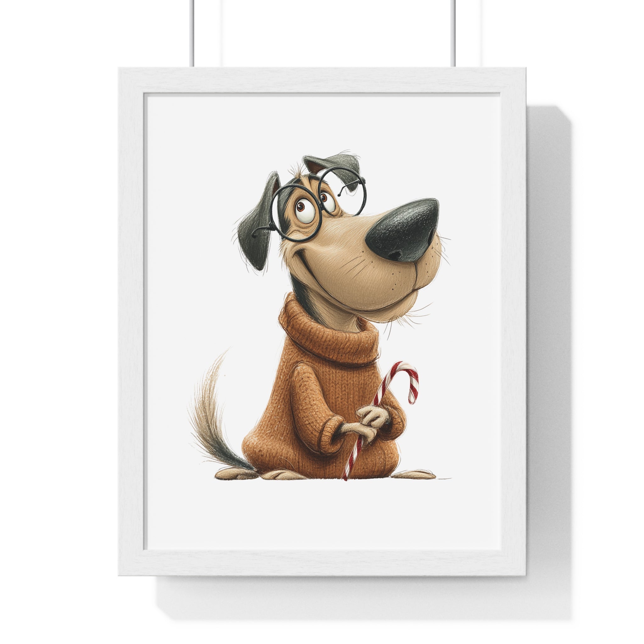 Whimsical Dog in Sweater with Candy Cane - Framed Wall Art - Gallory Hive