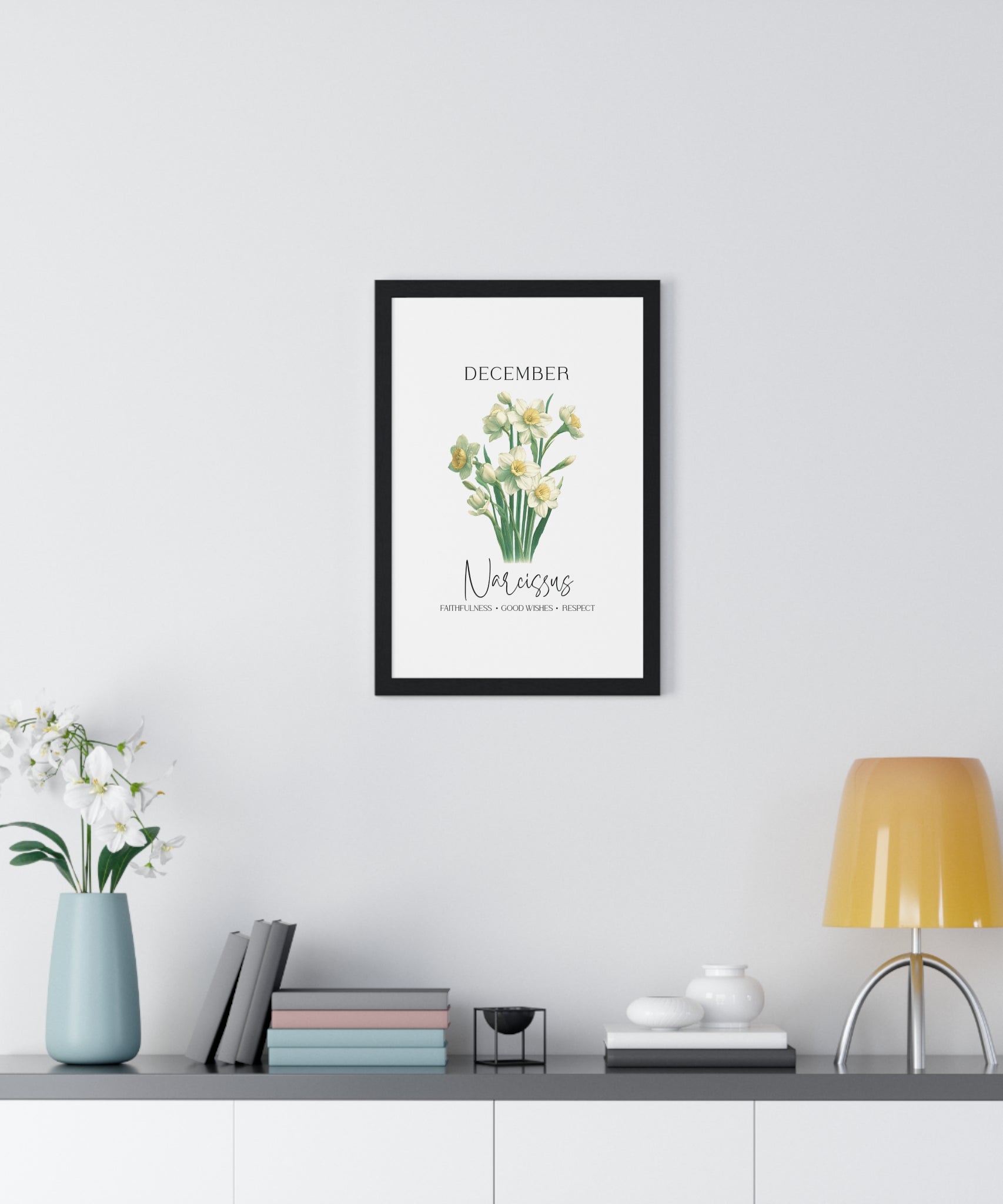December Birth Month Flower Wall Art – Narcissus Illustration in Wooden Frame | Faithfulness, Good Wishes & Respect