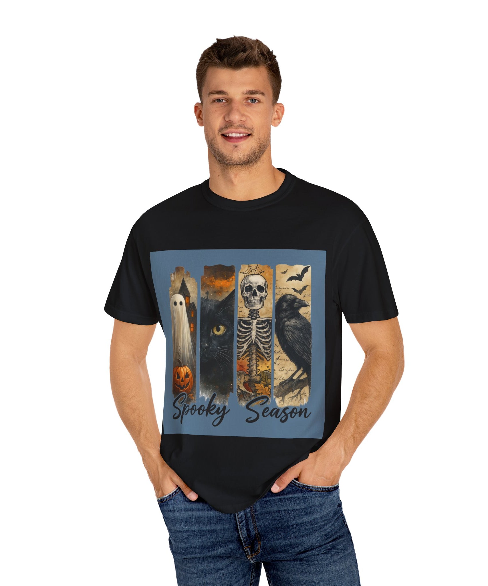 Spooky Season Gothic Halloween T-Shirt – Ghost, Black Cat, Skeleton & Raven Design - Gallory Hive