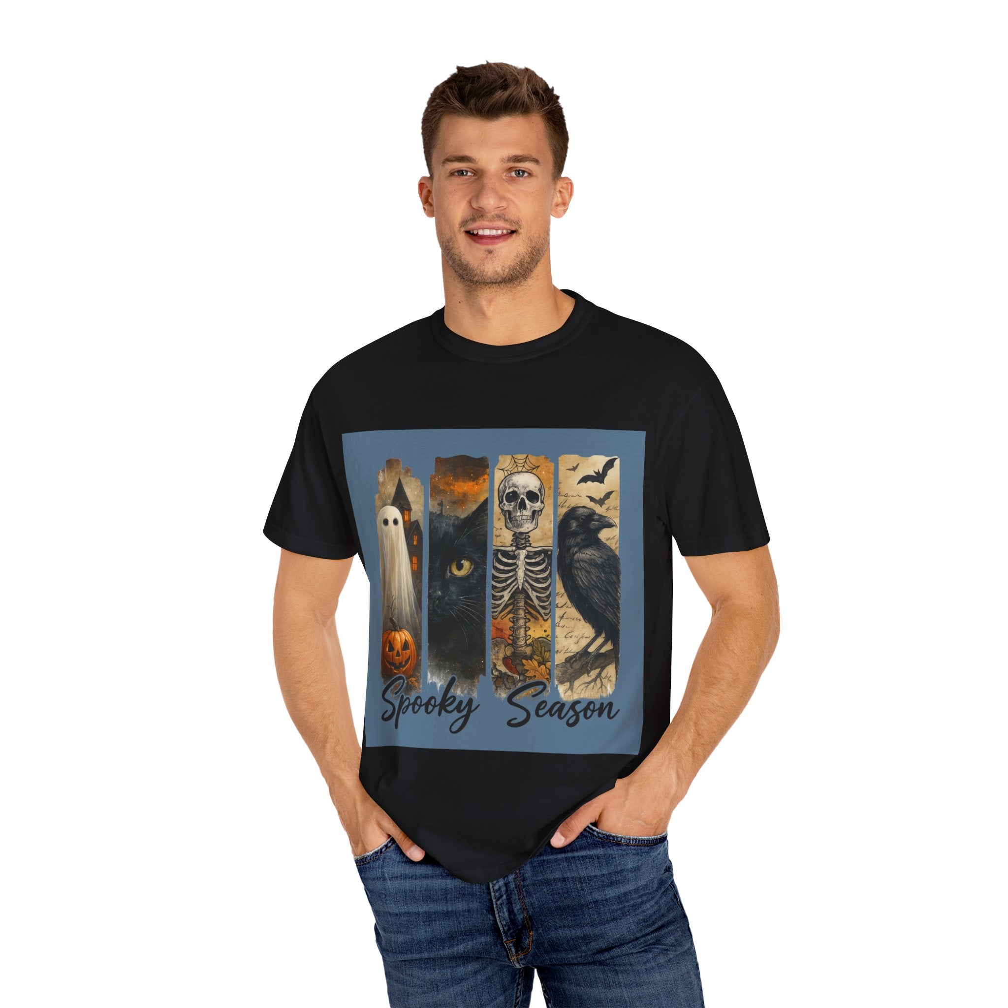Spooky Season Gothic Halloween T-Shirt – Ghost, Black Cat, Skeleton & Raven Design