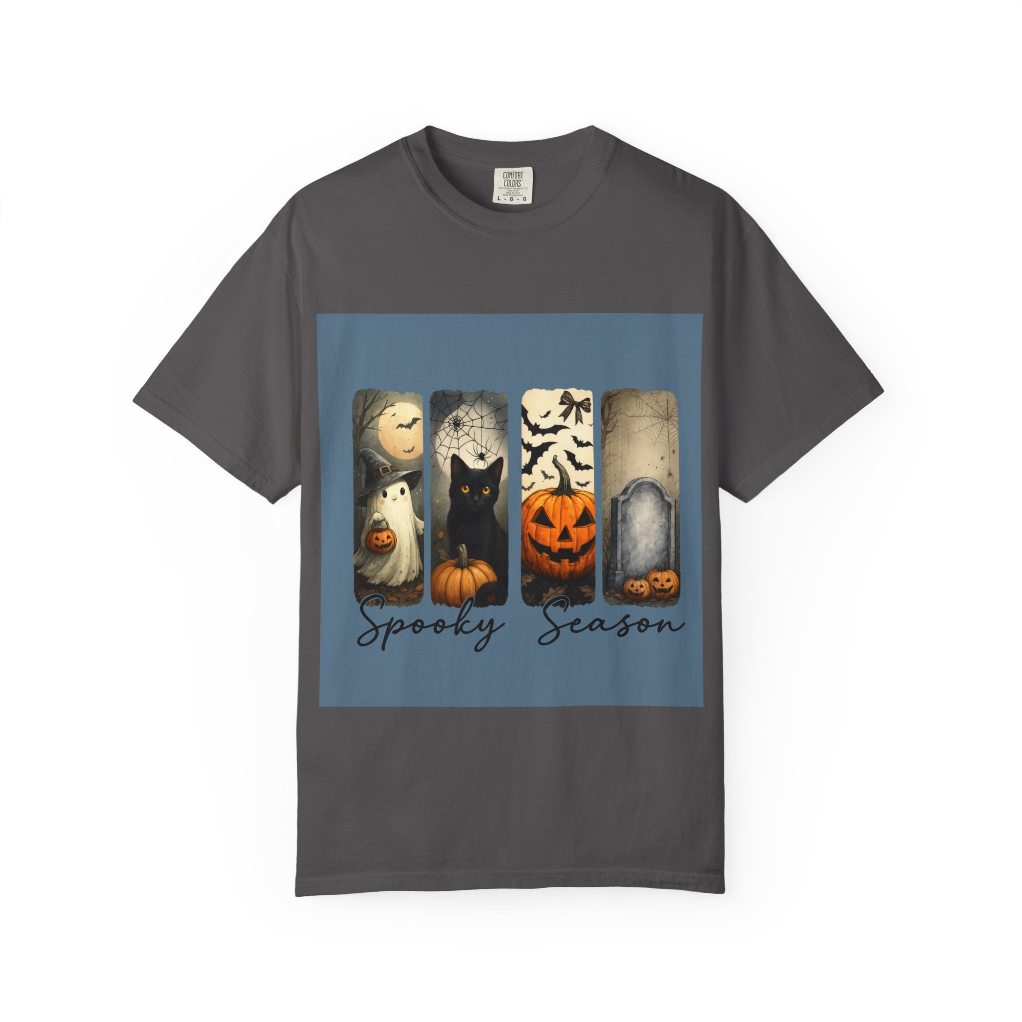 Halloween Night Unisex T-Shirt – Ghost, Black Cat, Pumpkin & Tombstone Vintage Art