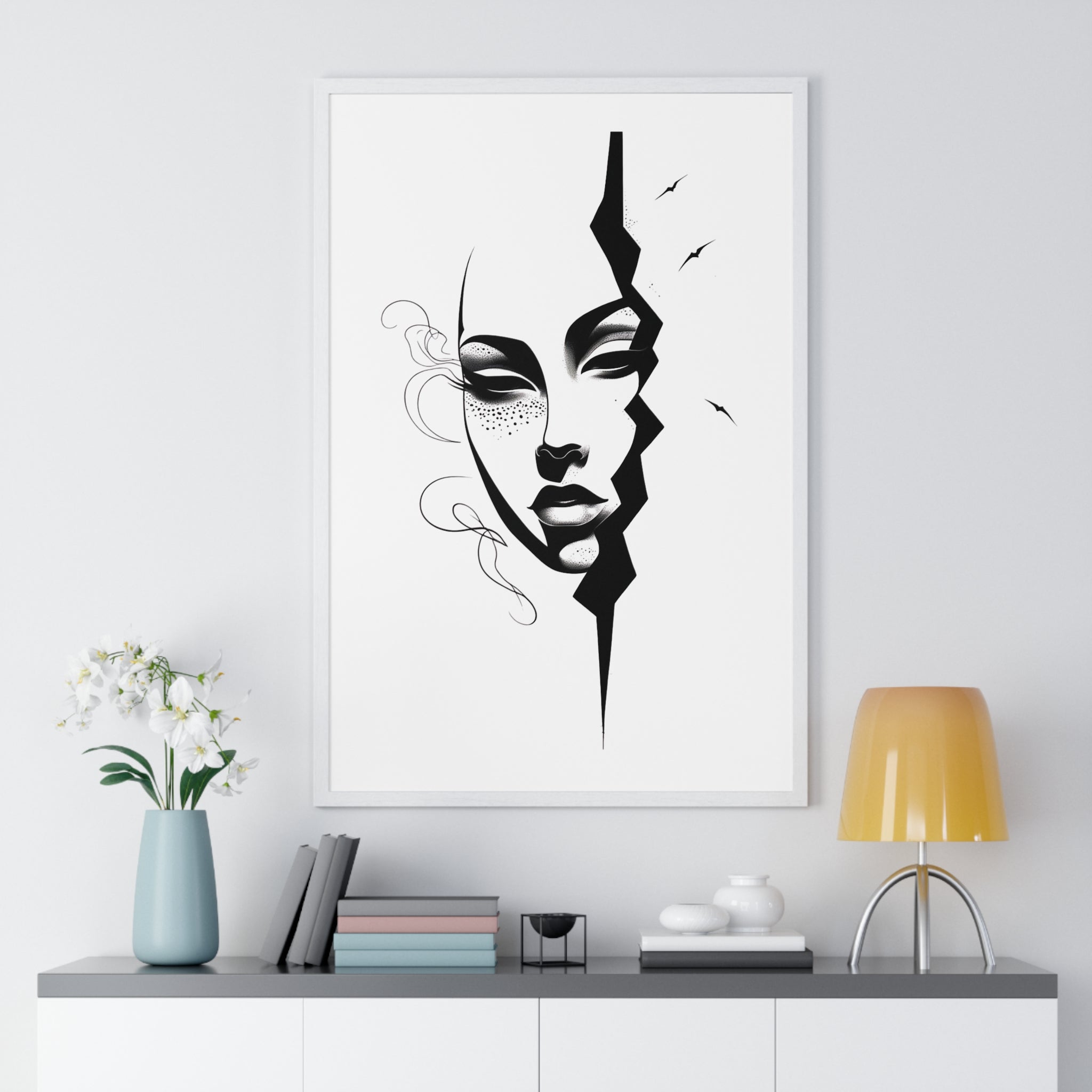 Vertical Framed Poster - Stylish Split Face Art Print | Modern Wall Decor, Home Aesthetic, Living Room Art, Unique Gift, Gallery Wall - Gallory Hive