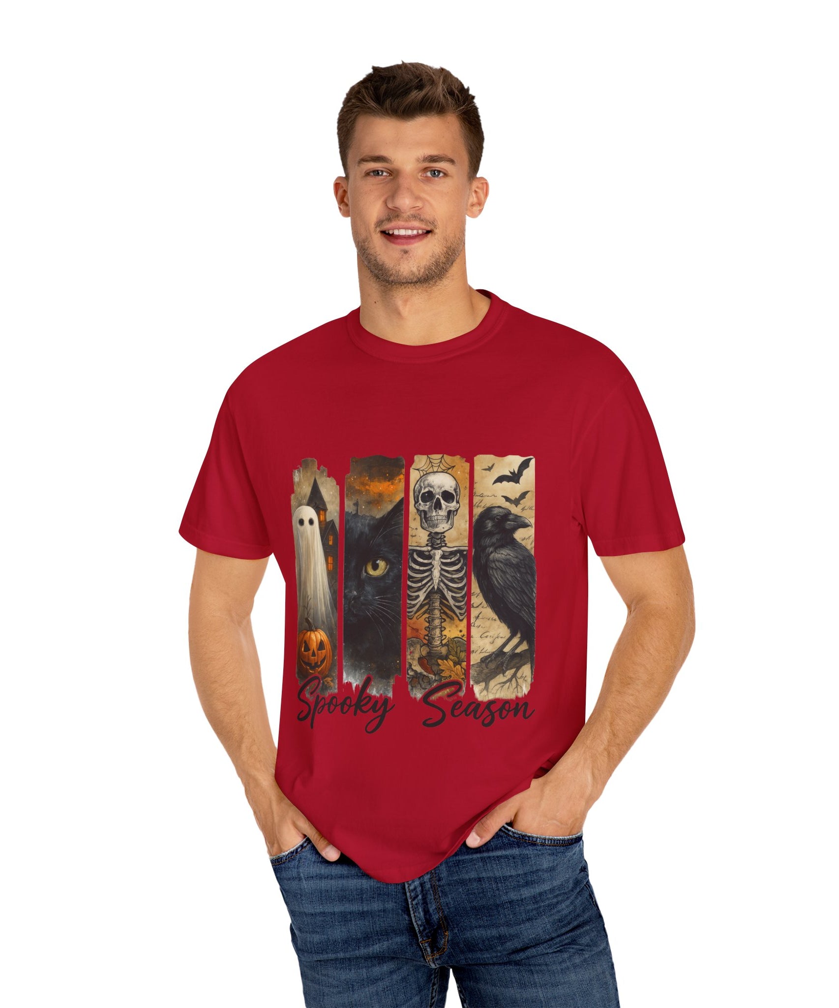 Spooky Season Gothic Halloween T-Shirt – Ghost, Black Cat, Skeleton & Raven Design - Gallory Hive