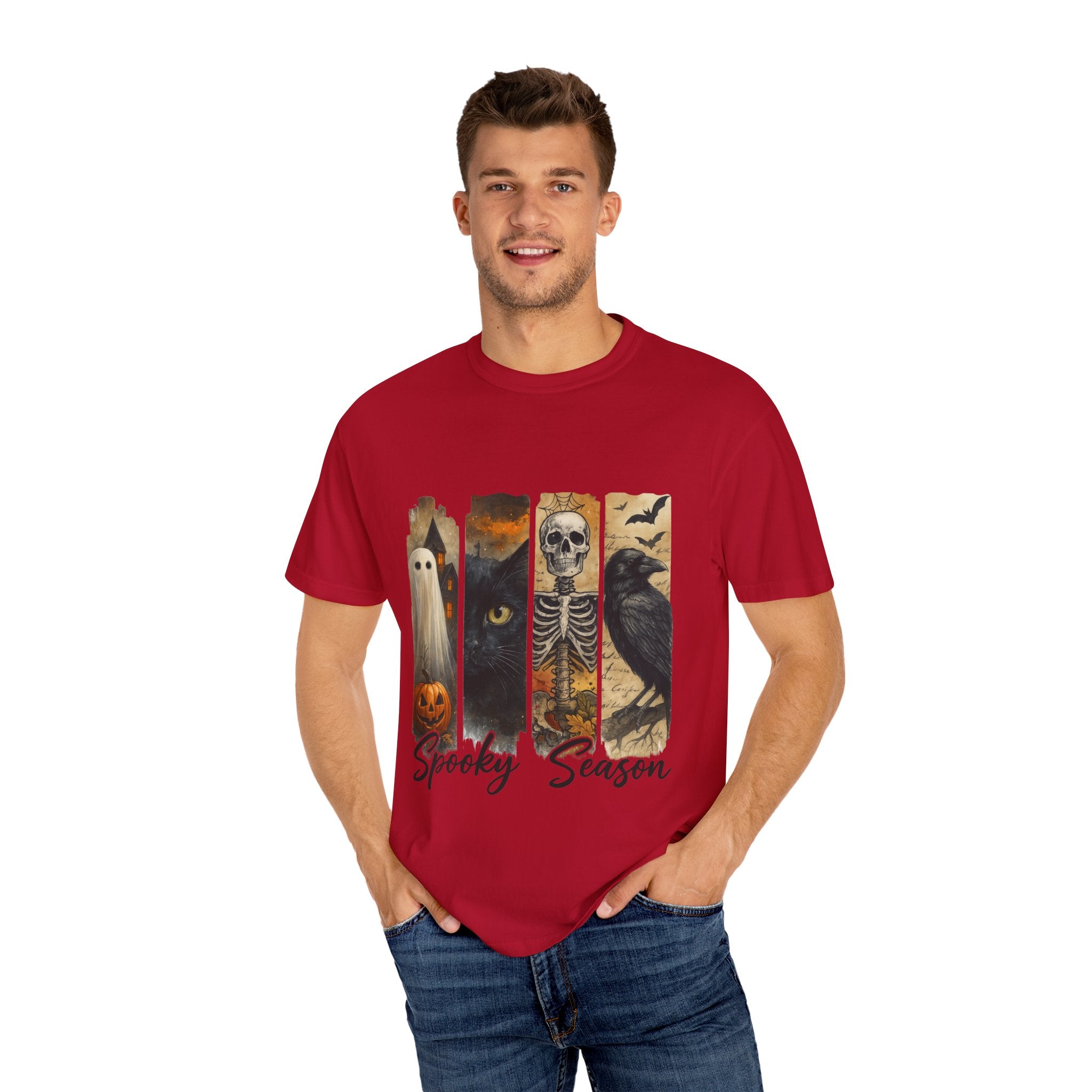 Spooky Season Gothic Halloween T-Shirt – Ghost, Black Cat, Skeleton & Raven Design