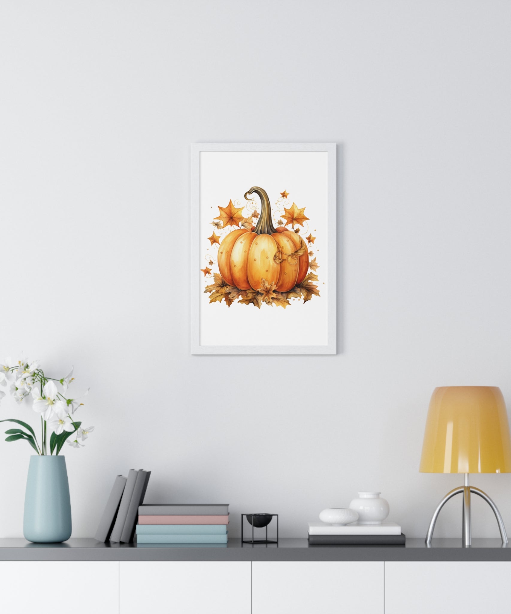Decorative Autumn Pumpkin Wall Art – Bow-Tied Harvest Poster with Leaves & Swirls | Wooden Frame Fall Decor