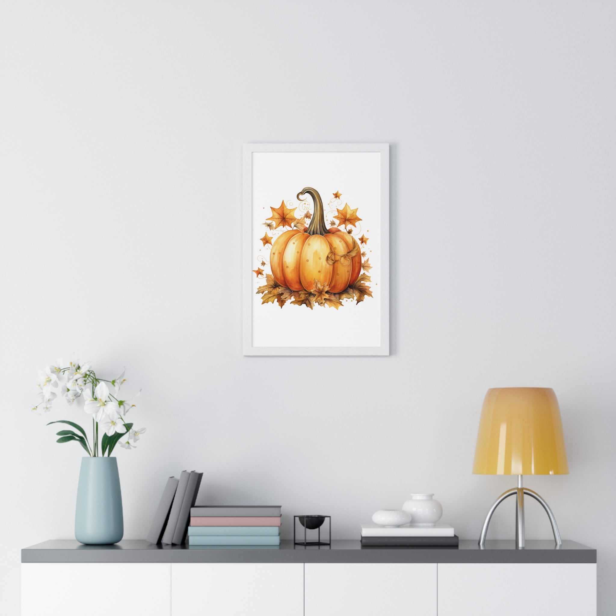 Decorative Autumn Pumpkin Wall Art – Bow-Tied Harvest Poster with Leaves & Swirls | Wooden Frame Fall Decor