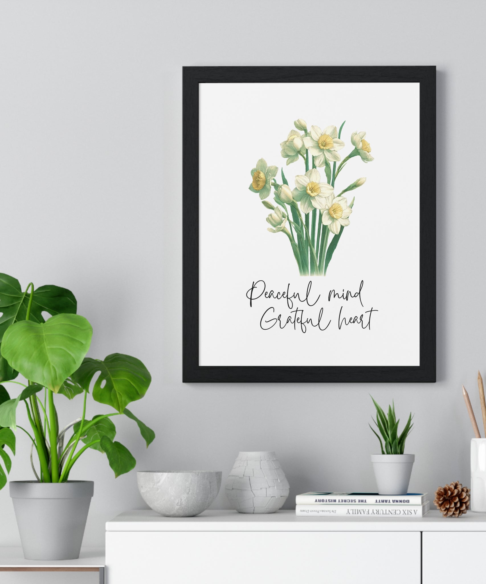 December Birth Month Flower Wall Art – Narcissus Illustration with Inspirational Quote in Wooden Frame | Peaceful Mind & Grateful Heart